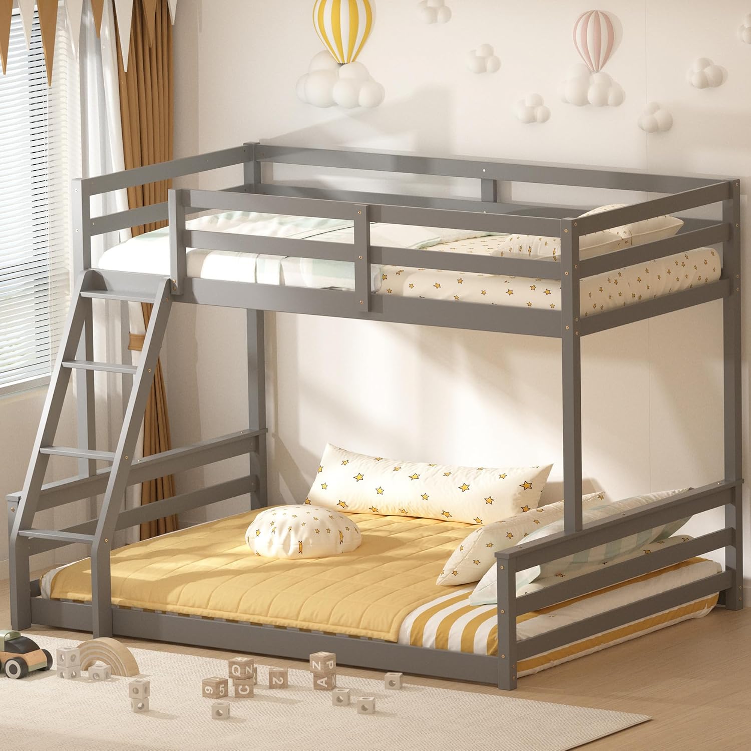 TOLEAD Low Bunk Bed Twin Over Full, Floor Bunk Bed with Ladder, Wooden Bunk Bed with Full Guardrails, Low Bunk Bed for Juniors, Boys, Girls, Kids, Bedroom, Grey