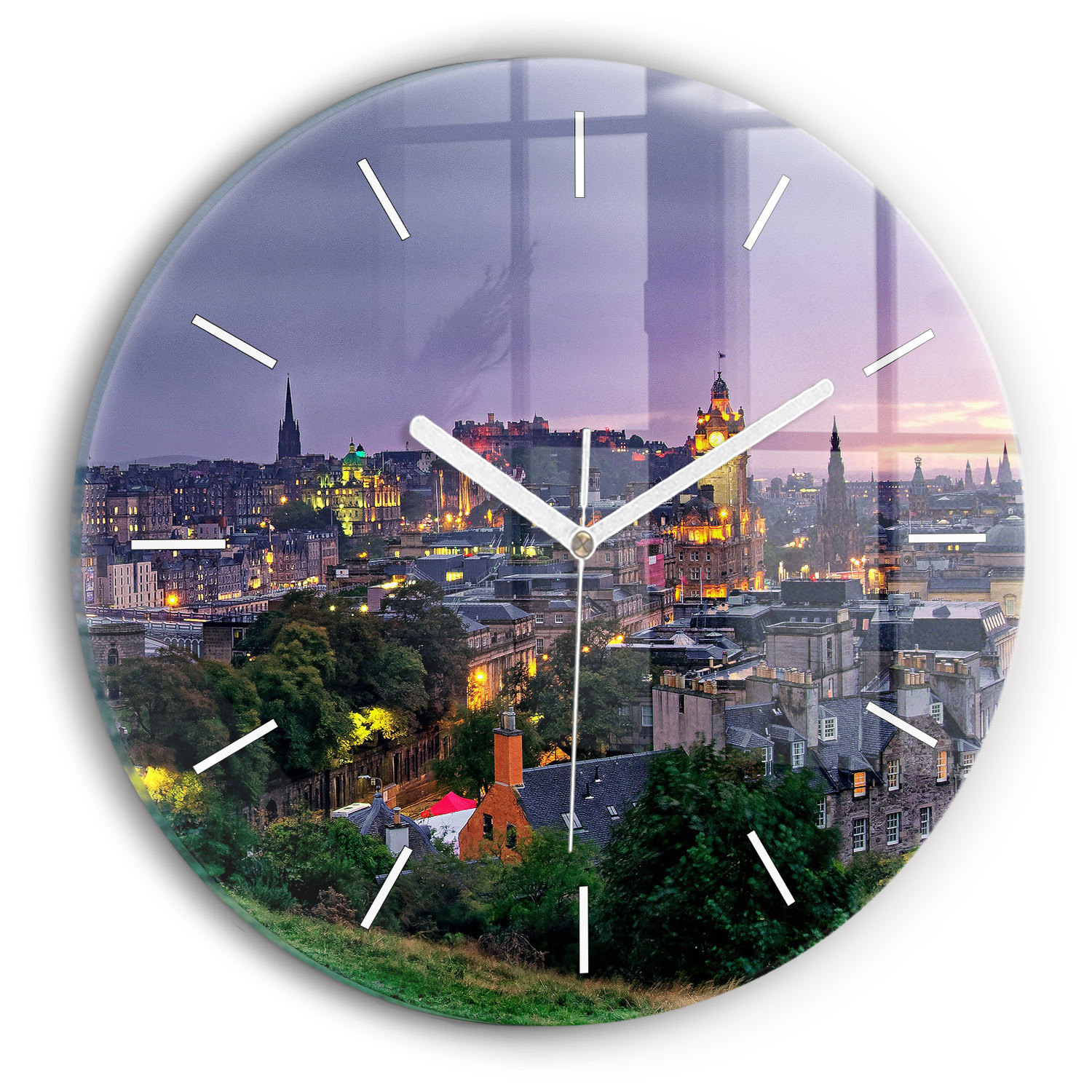 Ścienny Zegar szklany ozdobny Edynburg z Calton Hill fi30