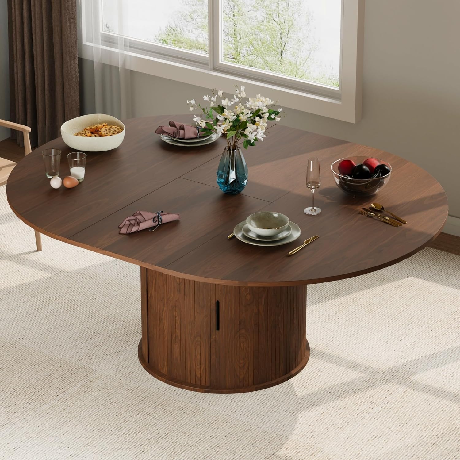 Dining Table for 4-6,59“Extendable Round Dining Room Kitchen Table with Storage,Round Table for Living Room,Fluted Wood Table with Slide Door,Expandable Oval Dinner Furniture with Pedestal Base,Walnut