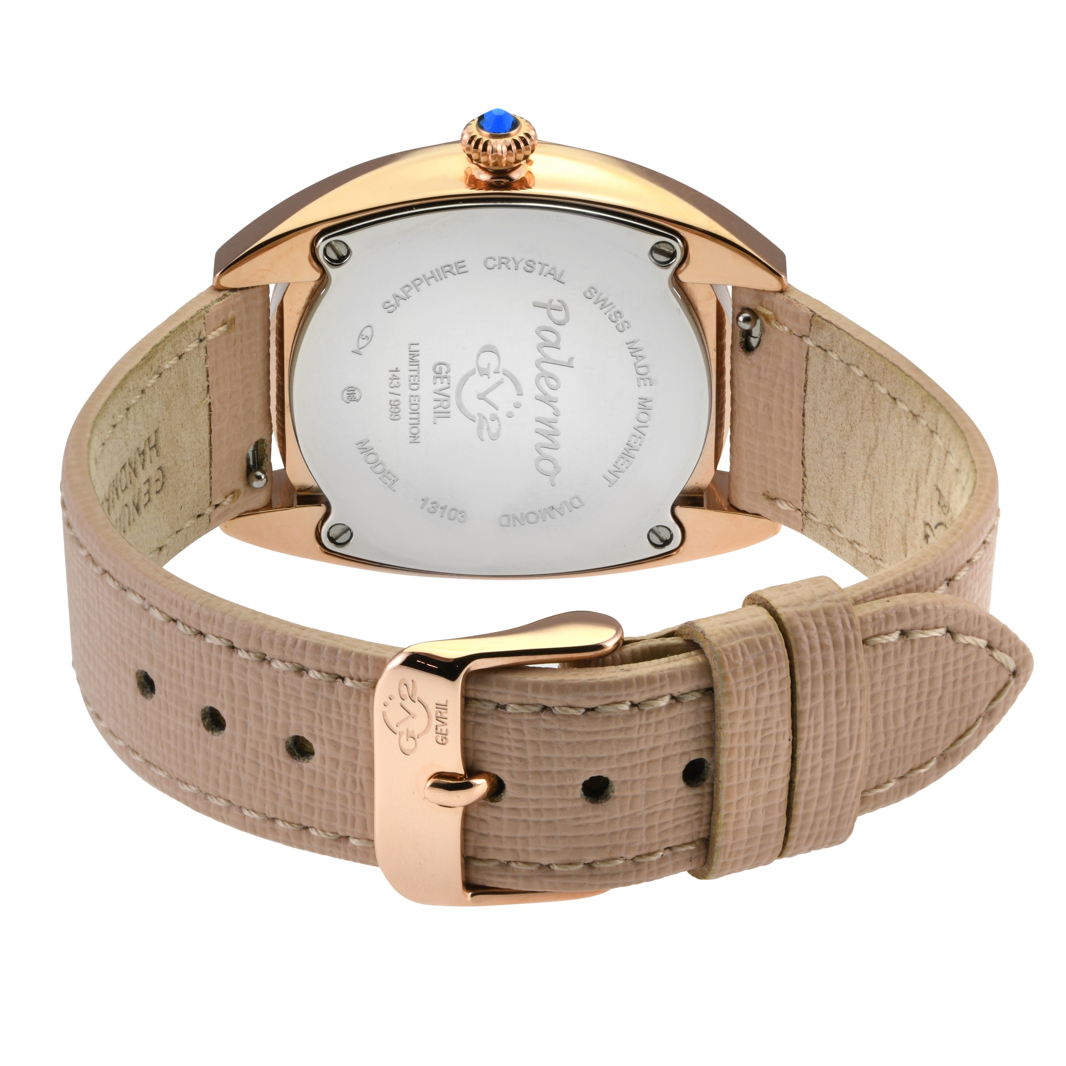 GV2 Palermo Diamond , 316L Stainless Steel IPRG Case, MOP Dk Blue Dial, Genuine Tan Handmade Leather Strap Swiss Quartz Watch