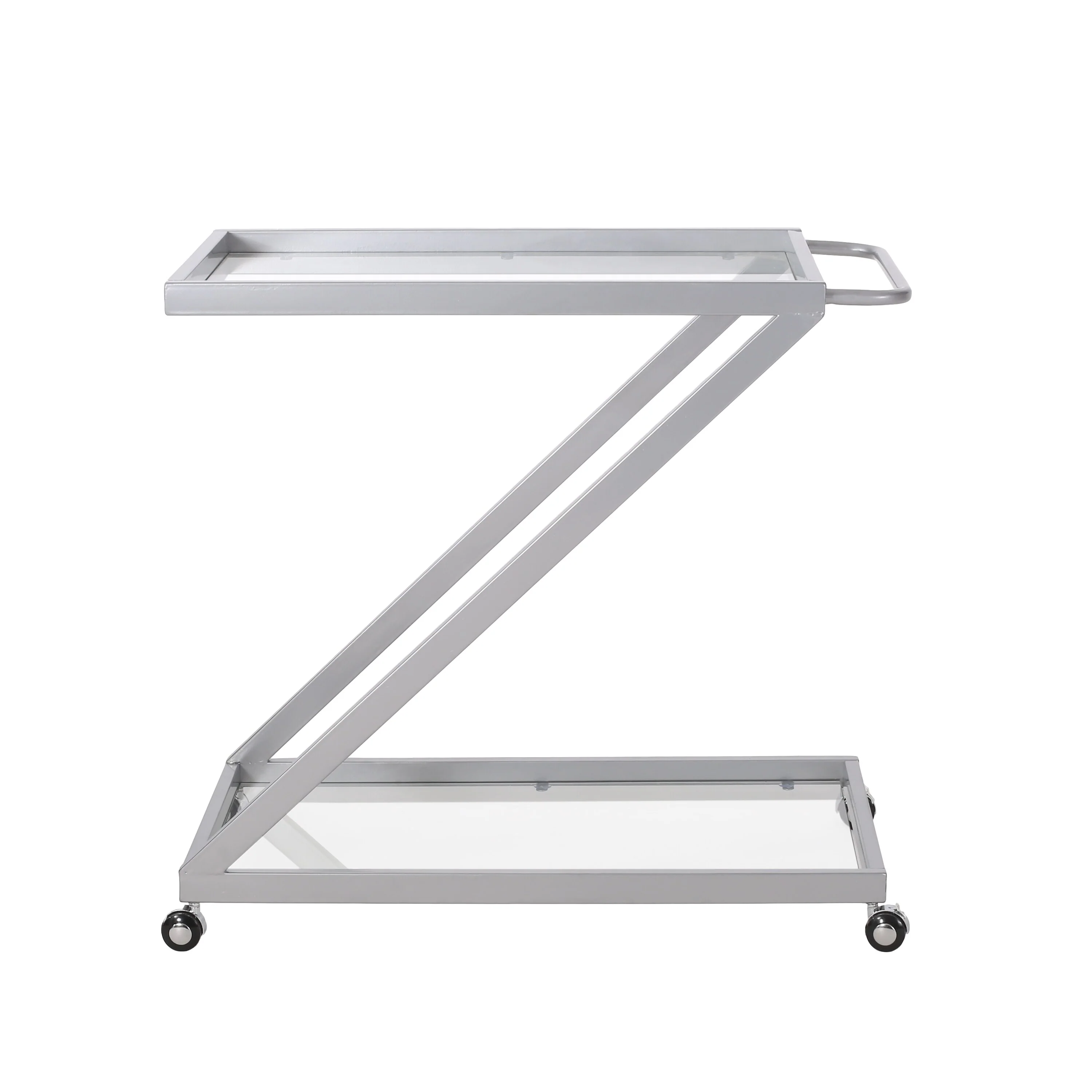 Modern Z-Shaped Bar Cart with Tempered Glass Shelves, Iron Frame and Lockable Rolling Casters for Easy Mobility