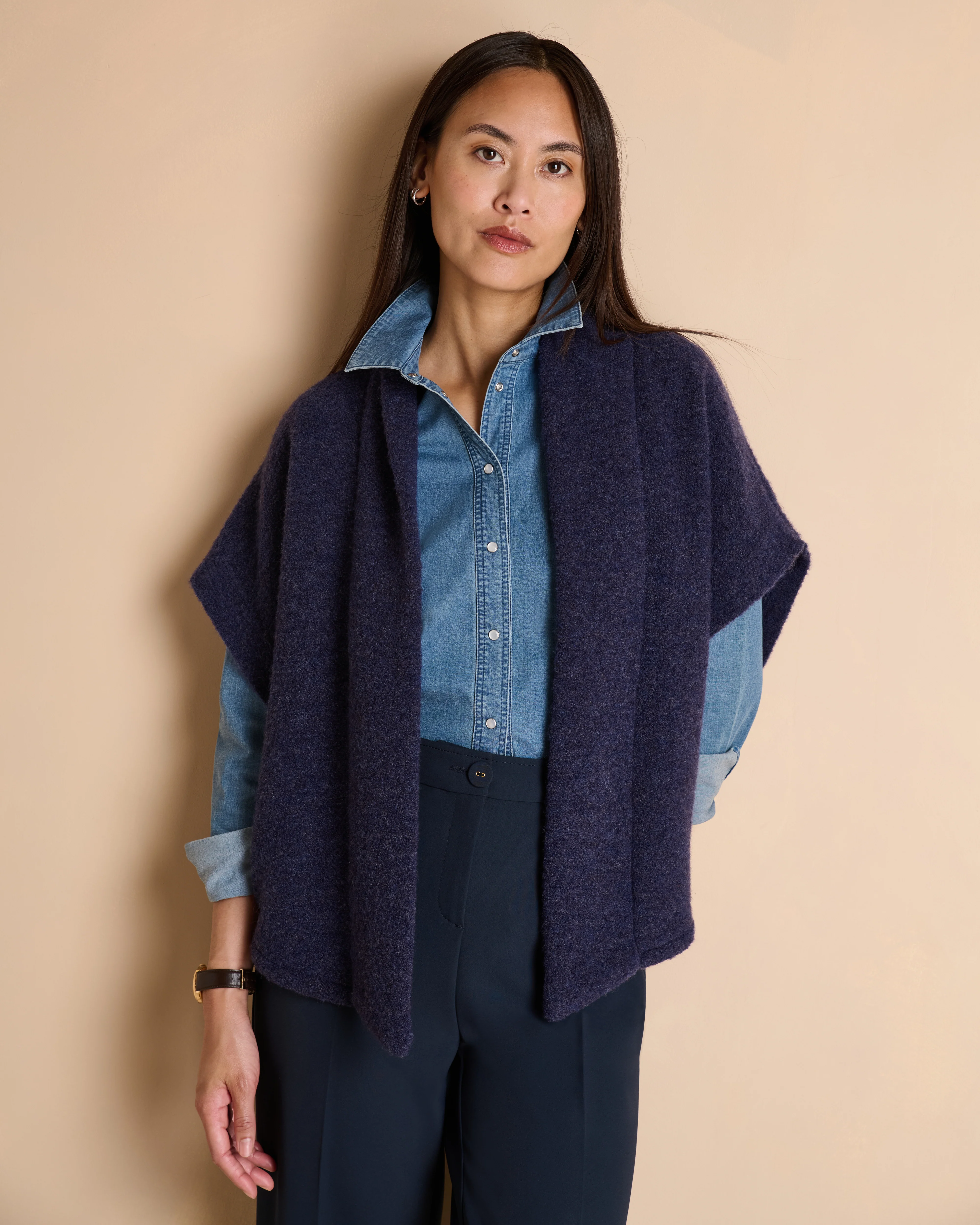 Gilet bleu marine oversize col châle sans manches en laine bouclette stretch GIVRE/14064/317