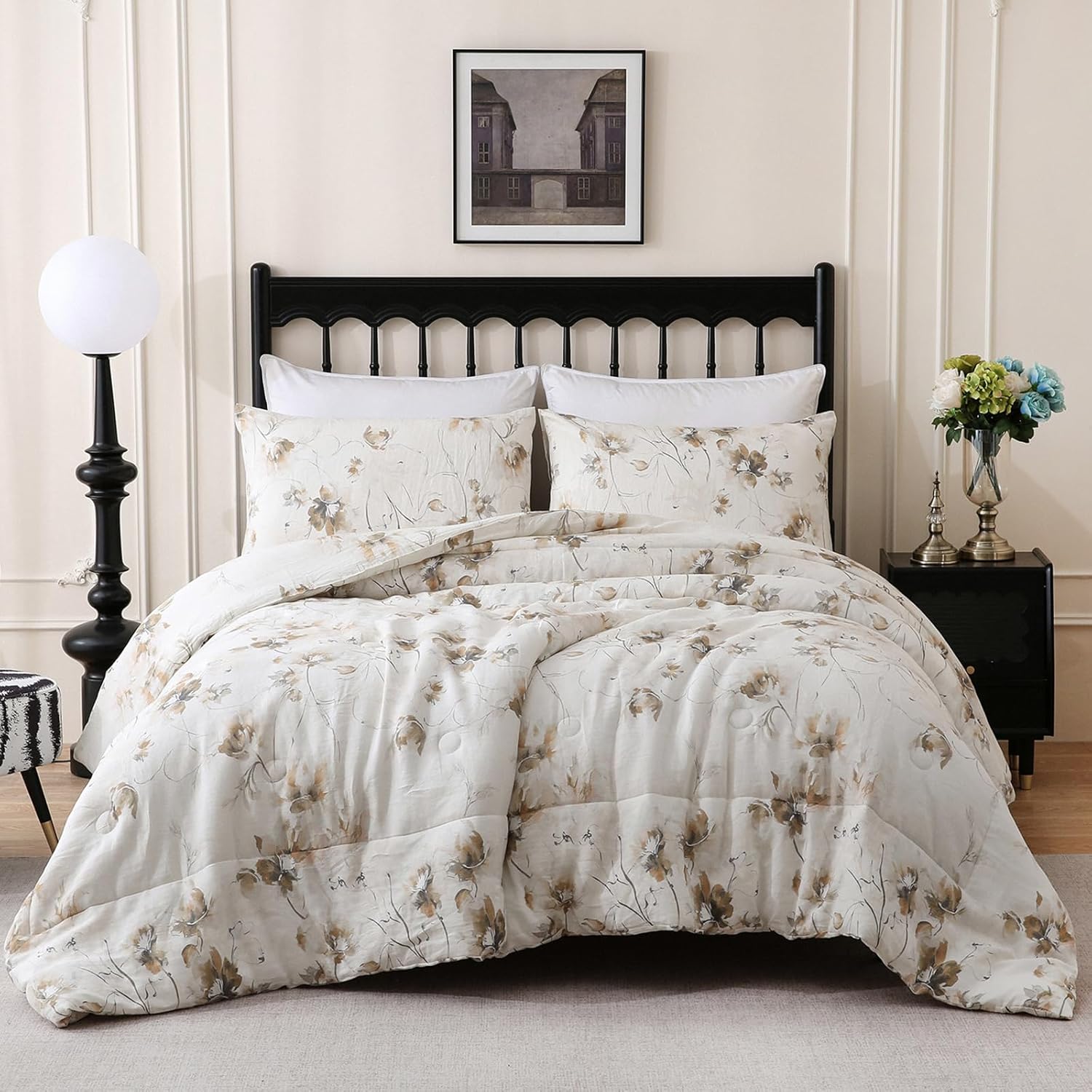Merryword Linen Floral Comforter Set King Size 3 Pieces Natural French Flax Linen Bedding Soft Breathable Moisture Wicking Comfy