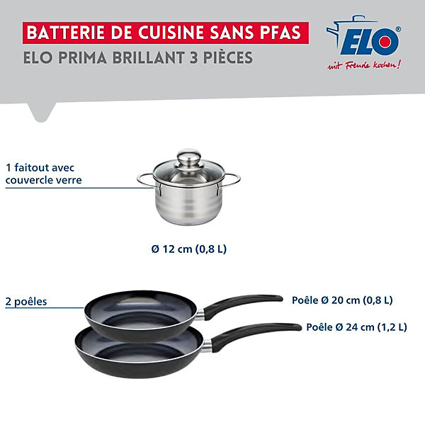 Ensemble de 2 Poêles de cuisson 20 et 24 cm et 1 faitout 12 cm Elo Prima Brillant