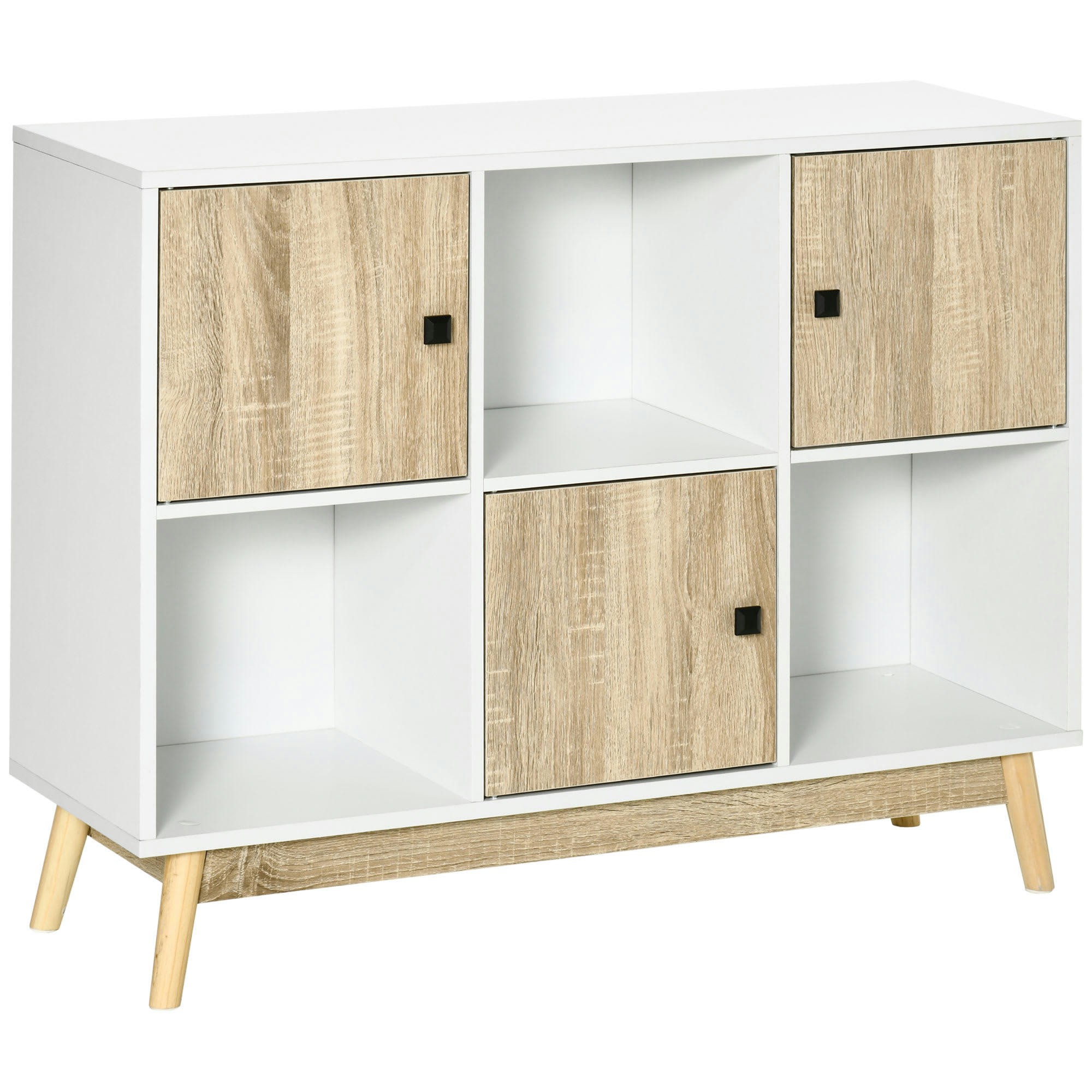 - Bibliothèque style scandinave 3 niches portes blanc aspect chêne clair
