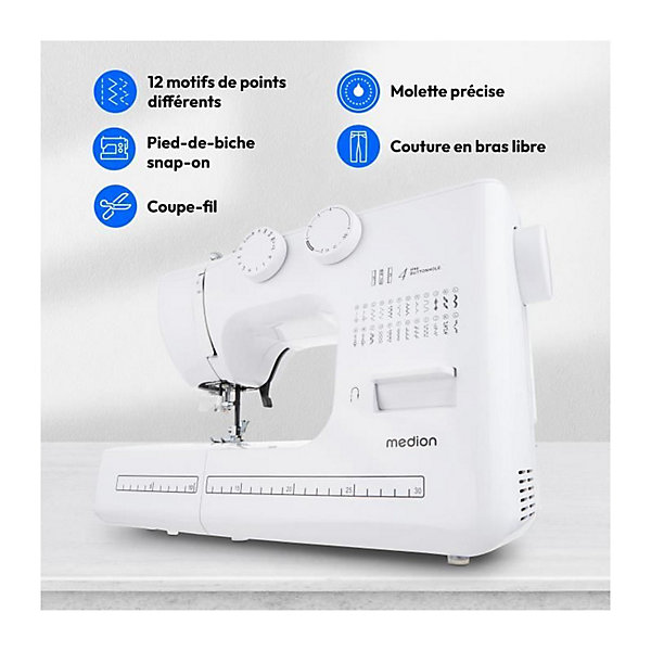 Machine a Coudre - MEDION - SM 60 - 62W - 24 Points   Points Doubles - 700 tr/min - LED - Turquoise