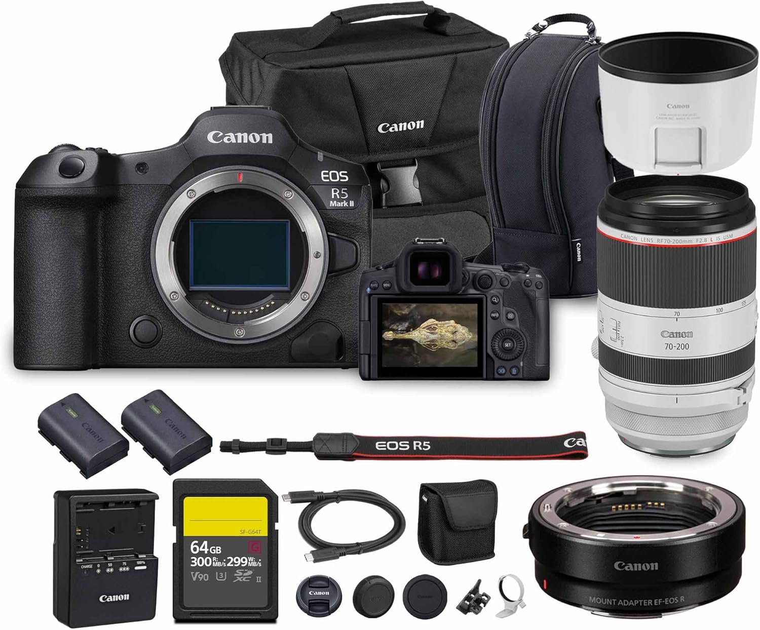 Canon EOS R5 Mark II Mirrorless Camera | 45MP Full Frame Sensor 8K Video Recording | Advanced IBIS Autofocus for Professional Creators (6536C002) + Canon RF 70-200mm Lens + Adapter EF-EOS R + More