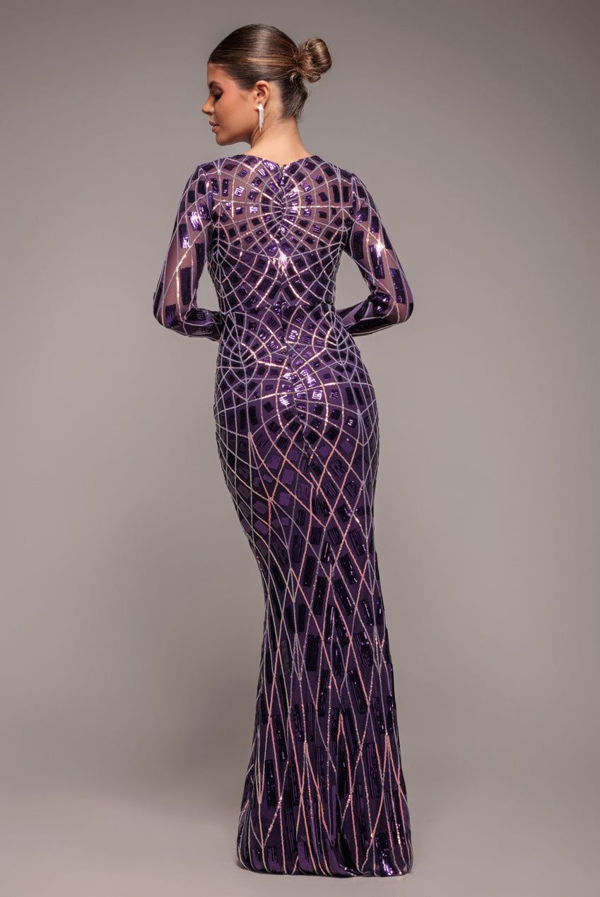 Goddiva Geo Sequin Long Sleeve Maxi Dress