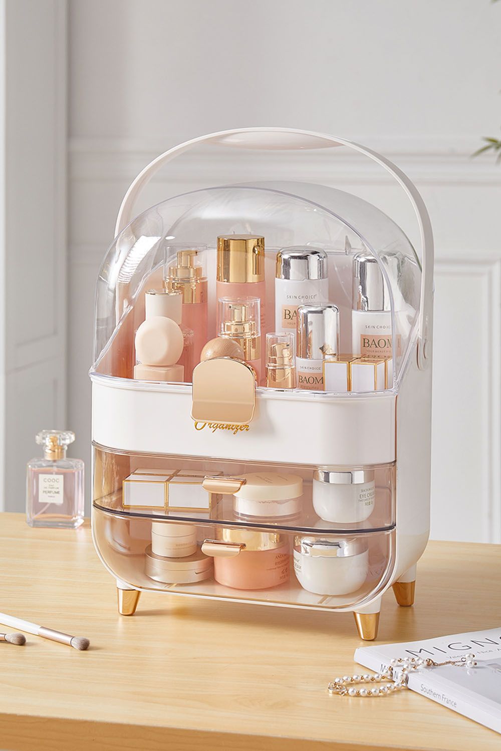 SHEONLY Makeup Storage Organizer with Lid, Waterproof Cosmetics Skincare Organizer for Vanity