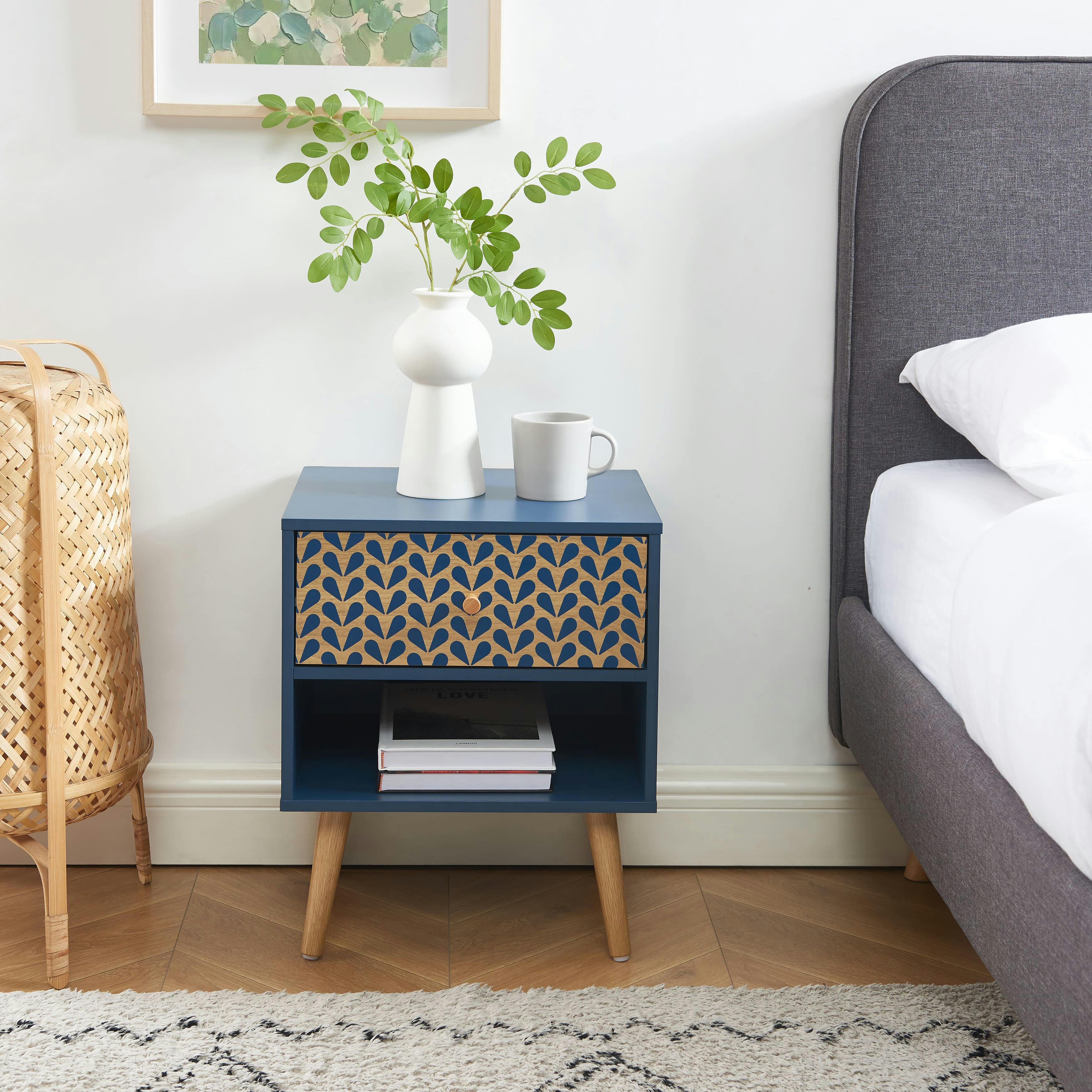 CAPUCINE - Table de chevet   bleu pétrole et effet bois et chêne 40cm