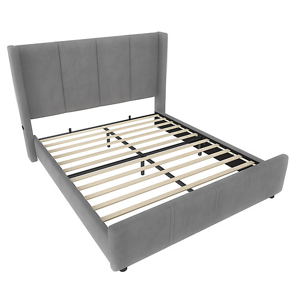 Cadre lit rembourré 140x190 cm, tête/pied hauts, USB, fer/bois - gris