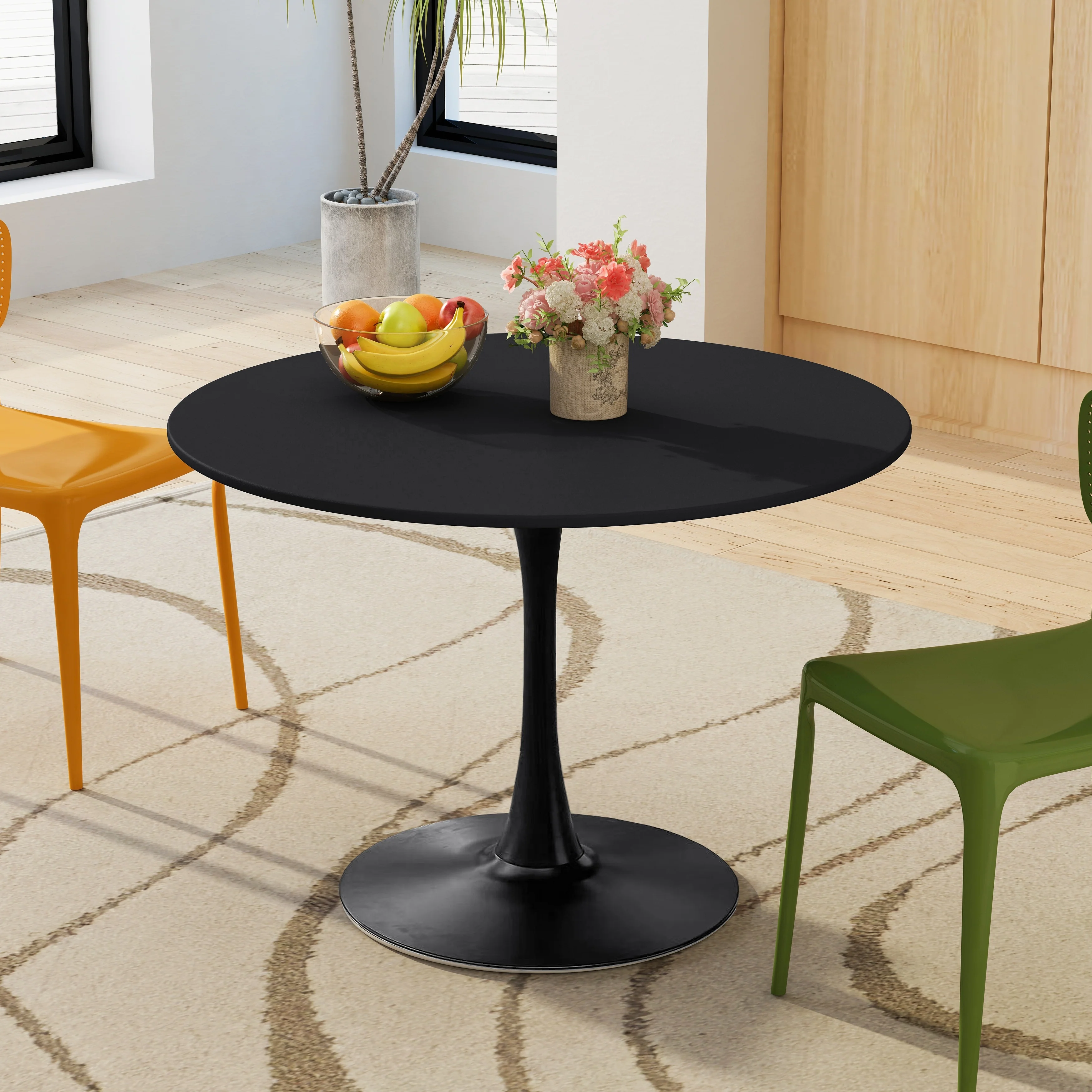 Modern Round Dining Table with Printed White Marble Table Top,Metal Base