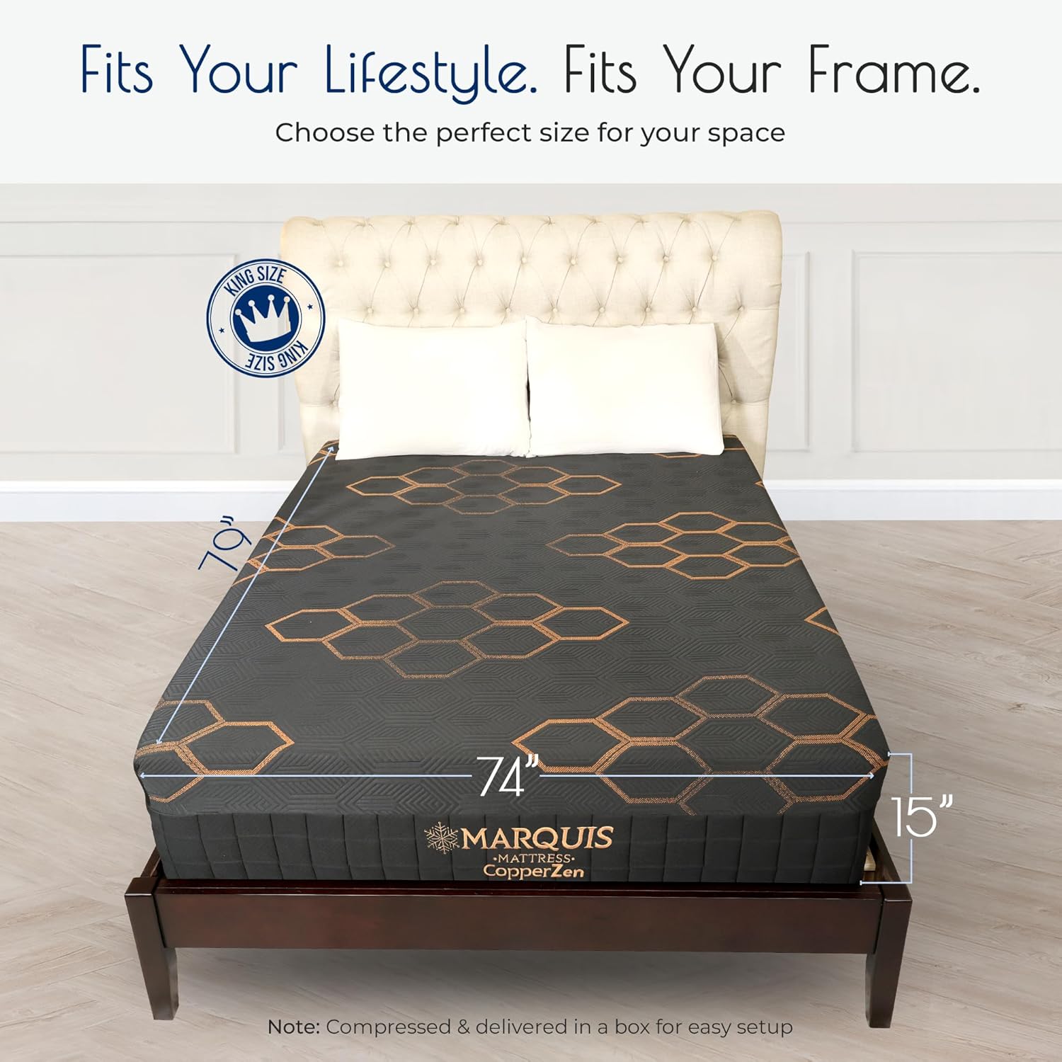 Marquis CopperZen Hybrid Plush Mattress – King Size Bed with Copper-Infused Cooling Cover & Tri-Zone Pocket Coils – CertiPUR-US Certified, Pressure Relief, 5-Year Warranty