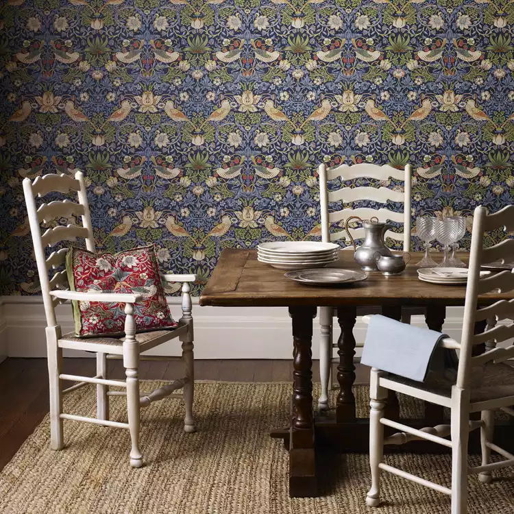 Morris & Co. Strawberry Thief Blue Floral Wallpaper