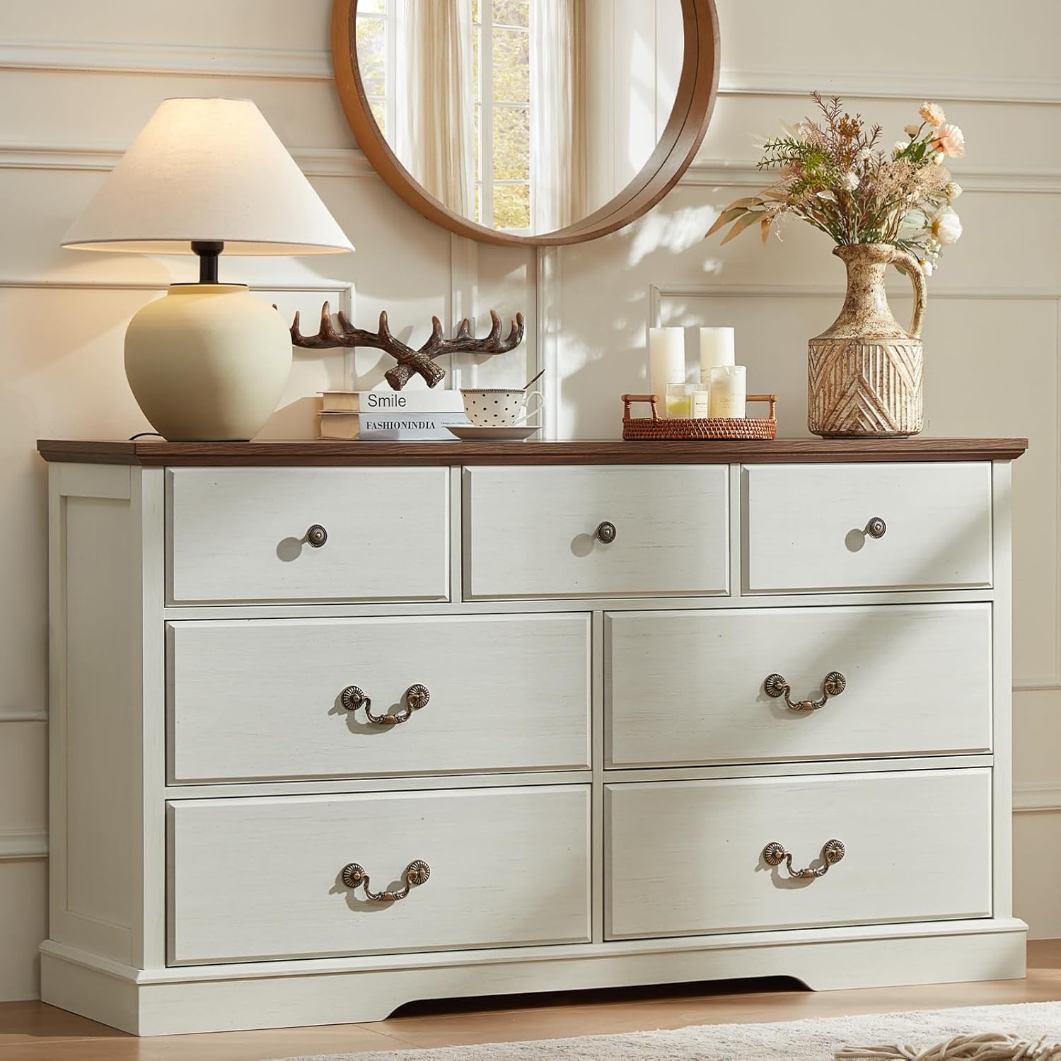 Farmhouse 7 Drawer Dresser for Bedroom,54 Wide Wood Rustic Chest of Drawers,Farmhouse Chest of Drawers for Bedroom,Wood Drawer Organizer for Living Room, Hallway,Bedroom,White