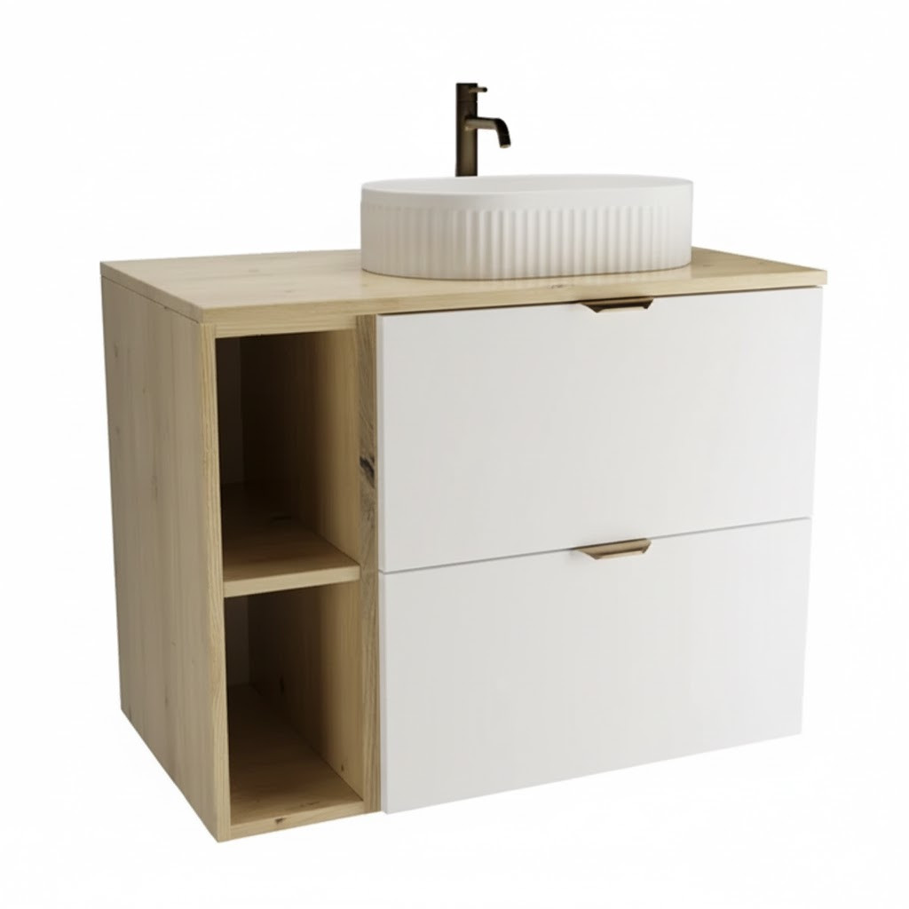 Zestaw do Łazienki 80cm Szafka Blat Regał Umywalka Dąb Artisan / Biały
