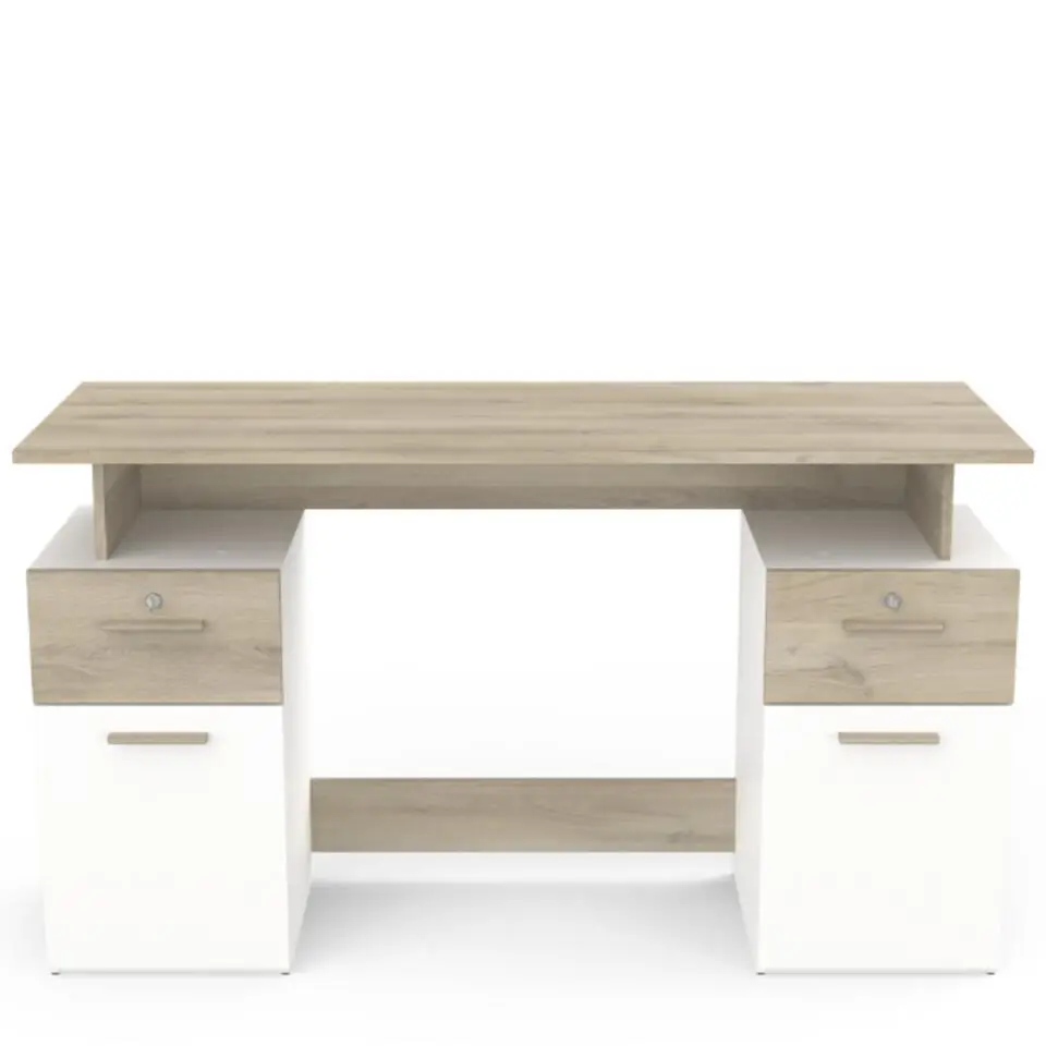 Bureau Pleun 2 lades, 2 draaideuren en 2 opbergvakken-mat wit/donkergrijs