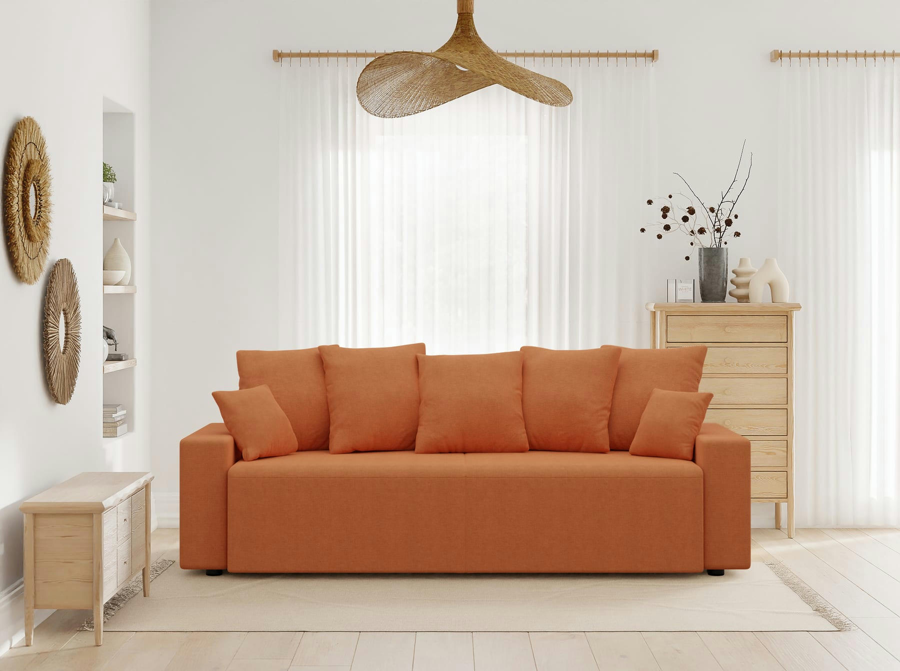 ALMA - Canapé droit convertible en tissu 3 places rouille