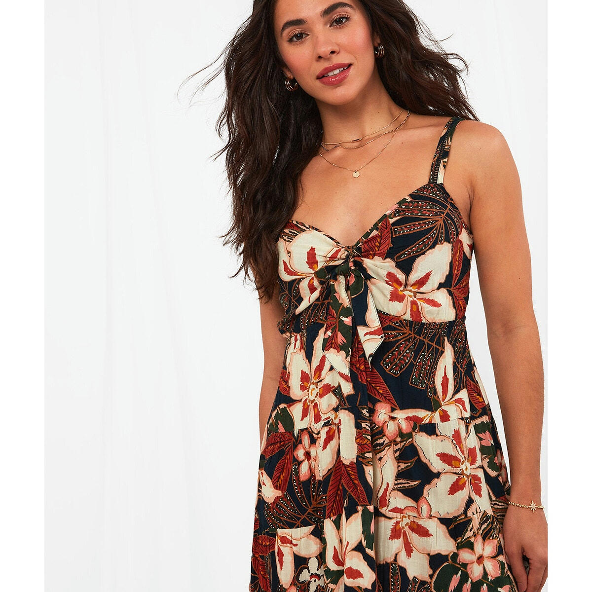 Robe longue, fines bretelles, imprimée