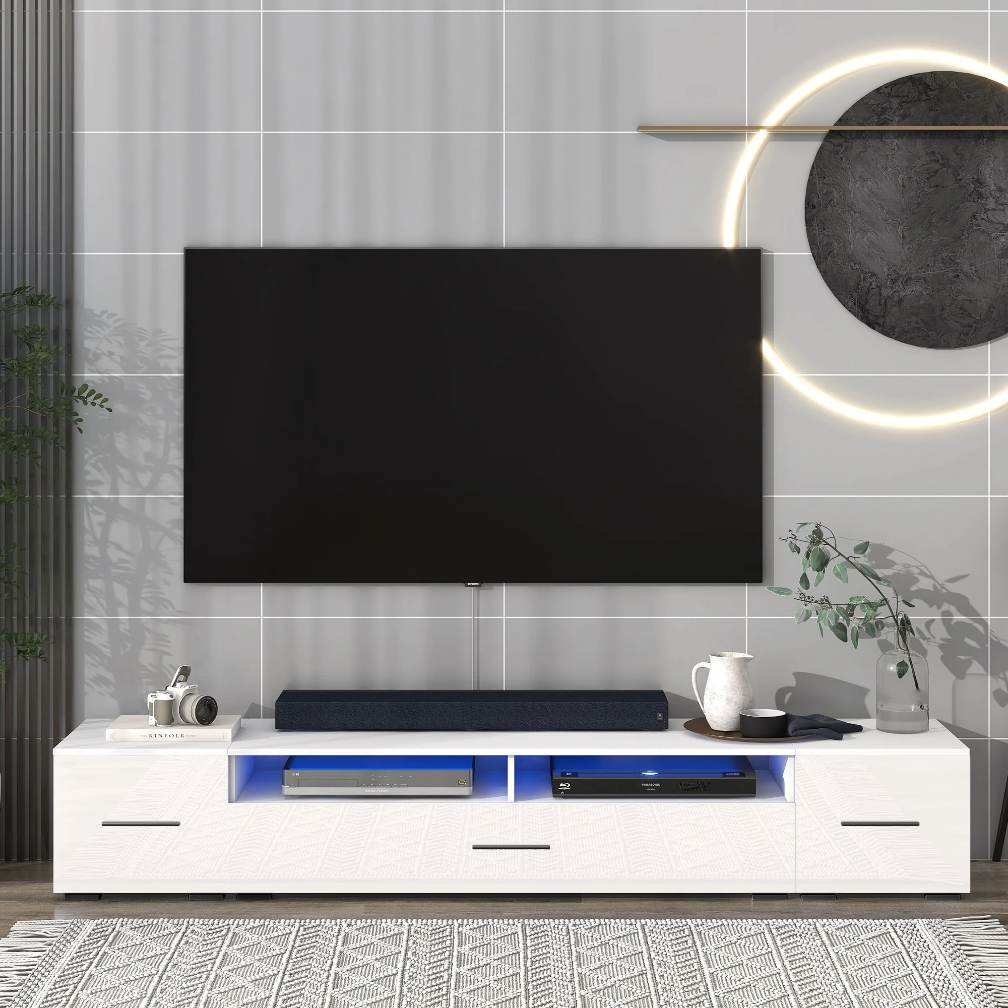 White 82.6 TV Stand with Color Changing LED Lights and Three Cabinets for TVs Up to 90