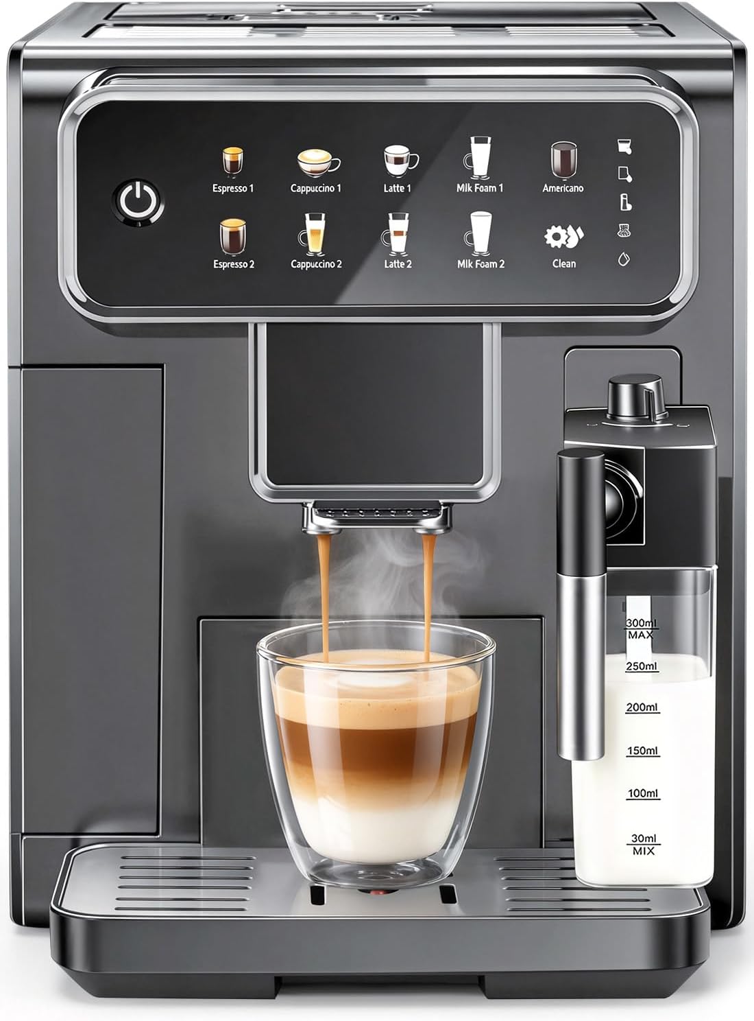 Automatic Espresso Machine with Grinder and Milk Frother - Auto Coffee Maker with 7 One-Touch Coffee Recipes for Latte, Cappuccino, Americano, Iced and Hot Coffee (Grey coffee machine)