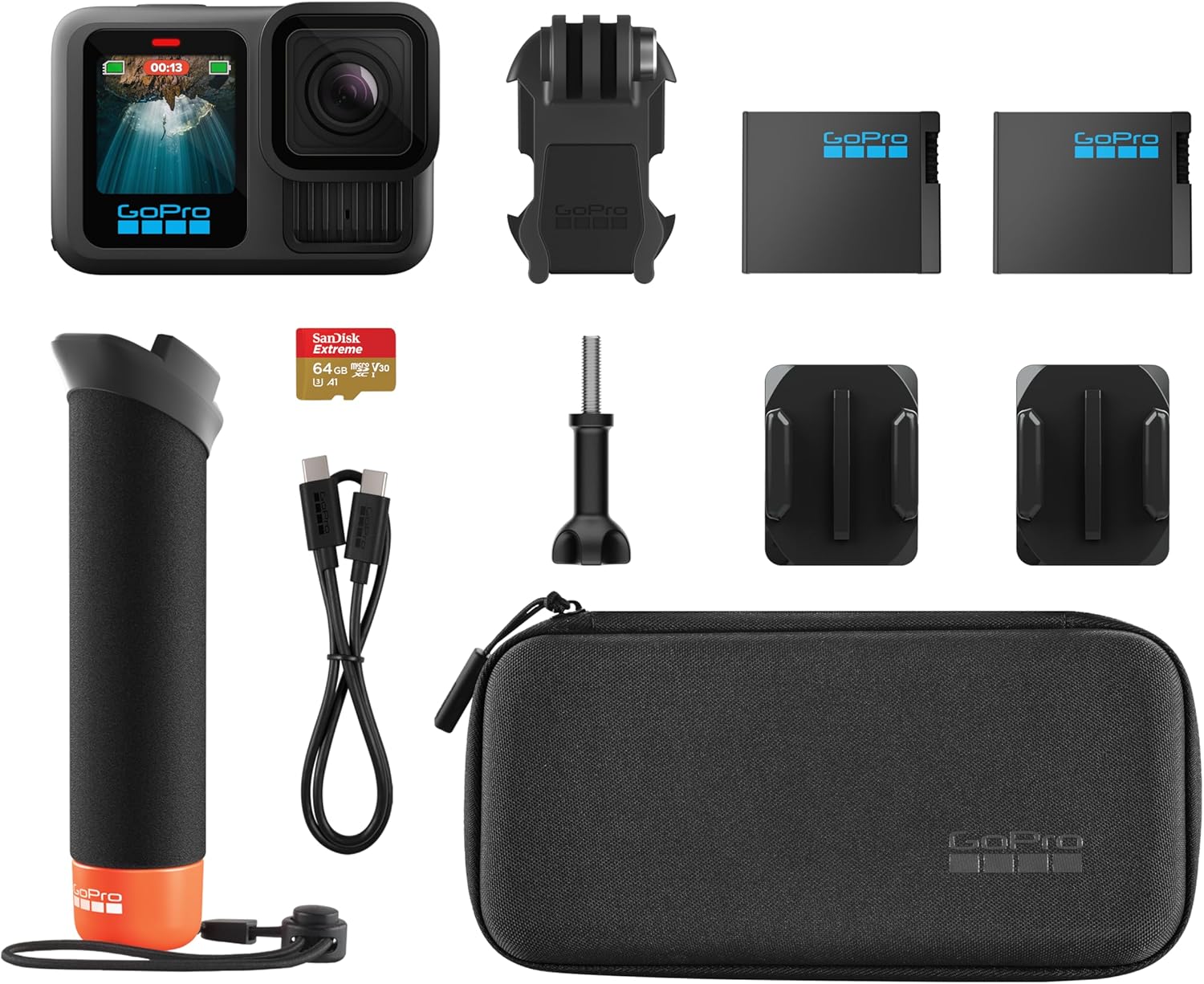 GoPro HERO13 Black Accessory Bundle - Includes The Handler  2 Enduro Batteries  2 Curved Adhesive Mounts  64GB SanDisk MicroSD Card  and Carrying Case
