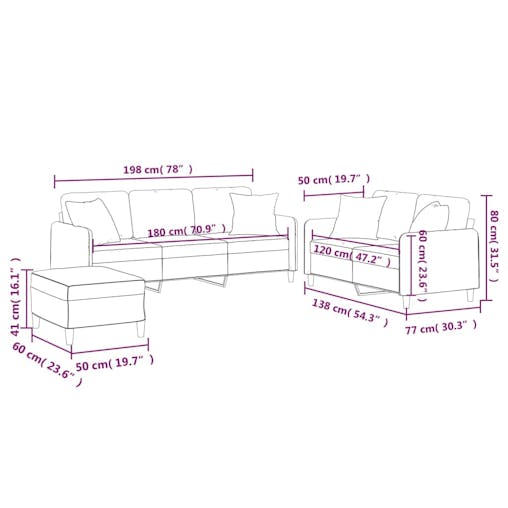NNEVL 3 Piece Sofa Set with Pillows Black Fabric