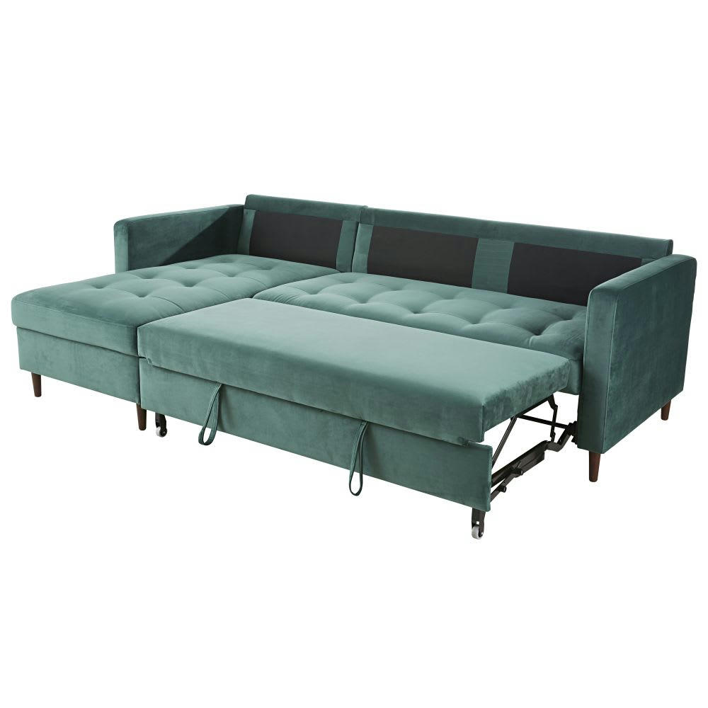 Olivia - Canapé d'angle convertible 4 places en velours vert