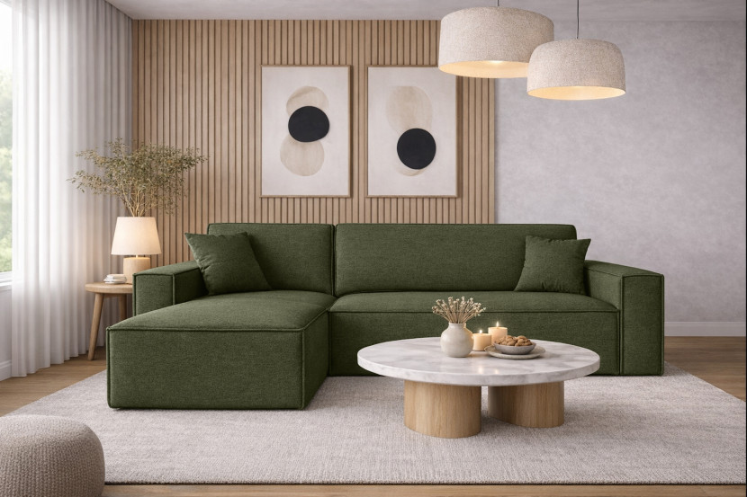 Sofa w kształcie L BEST narożnik tkanina Neve, Oliwkowy Lewostronny