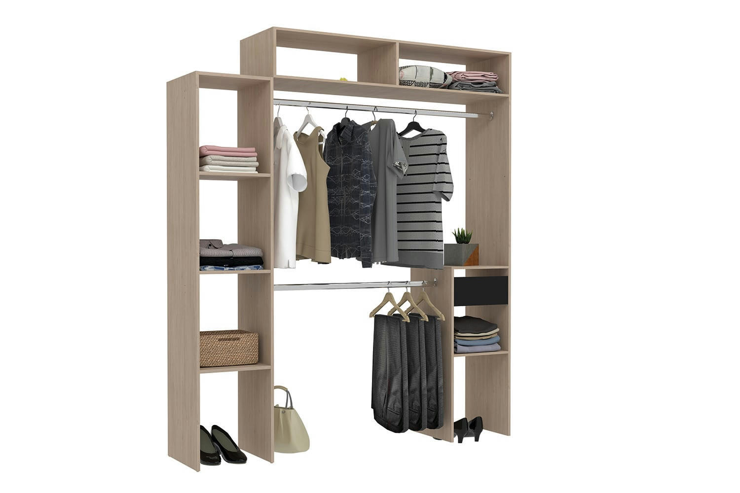 ELYSEE - Dressing bois extensible avec 2 penderies, 4 étagères et 1 tiroir