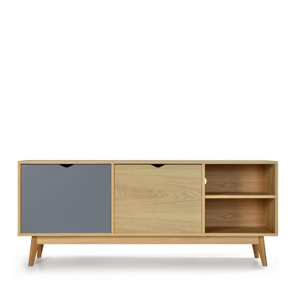 STRÖM - Meuble TV design 2 portes chêne porte gris souris