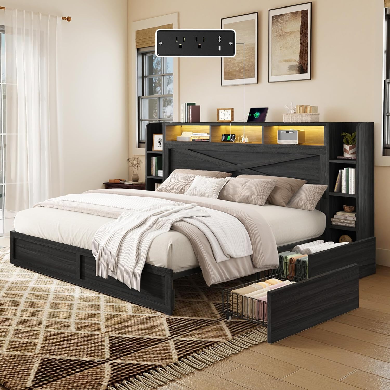 AMERLIFE 45'' Farmhouse King Bed Frame with 4 Drawers, LED Bed Frame with Bookcase Headboard & Side Shelves, Wood Platform Bed with Charging Station, Black