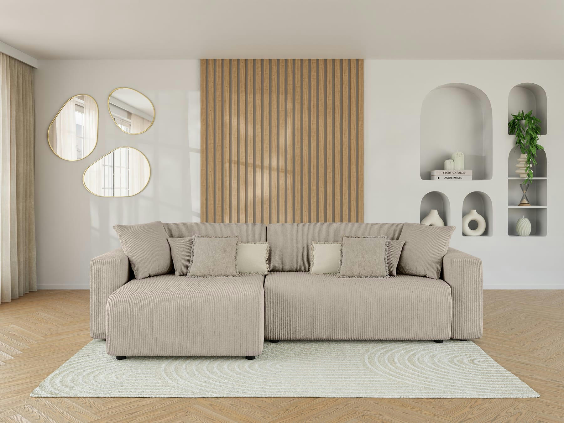 LEO - Canapé d'angle XL convertible en velours côtelé 5 places grège