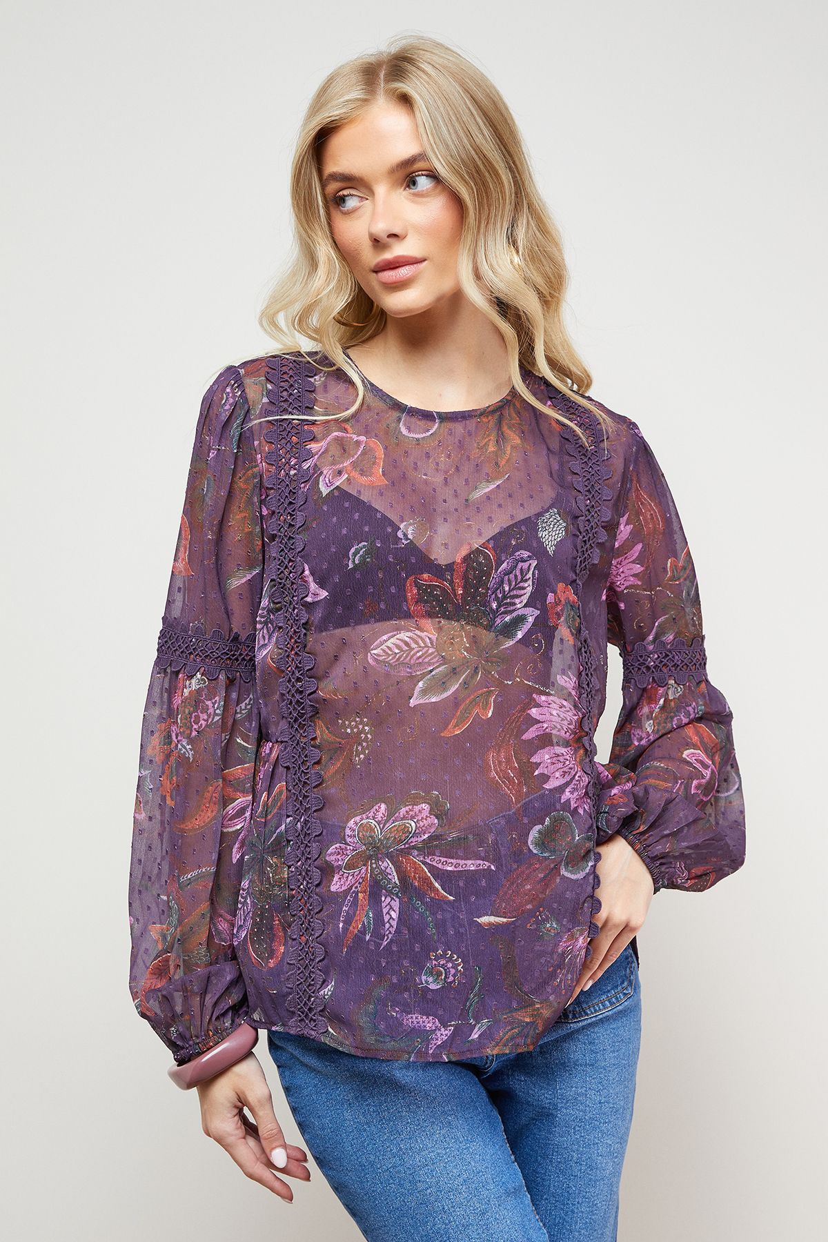 Oasis Printed Lace Detail Dobby Chiffon Blouse