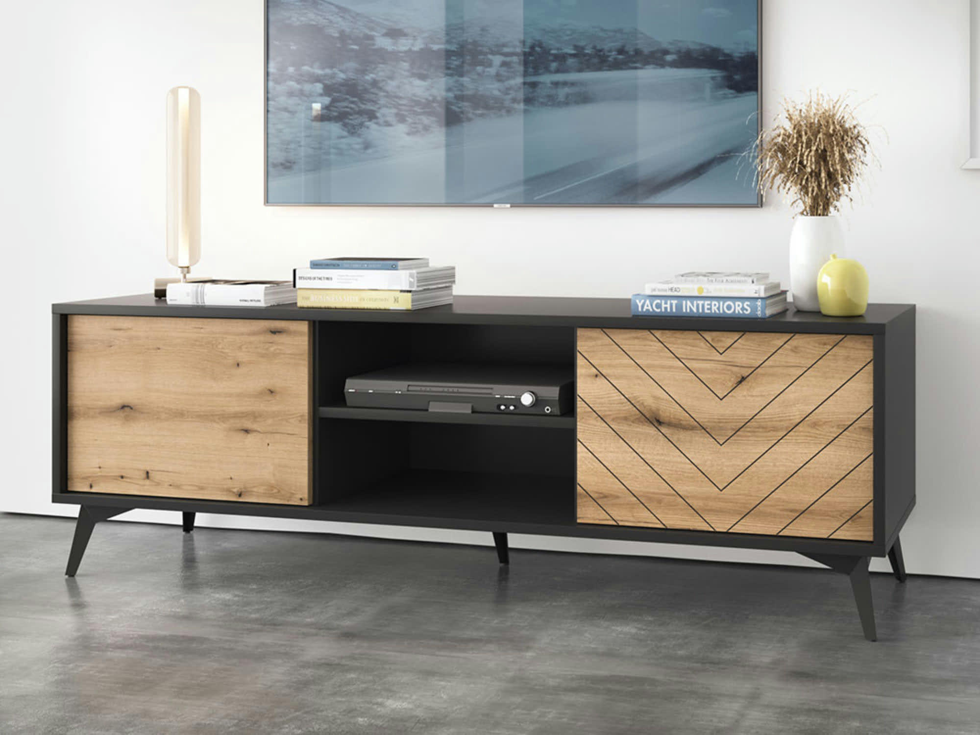 PETER - Meuble TV style industriel 154 cm noir / bois