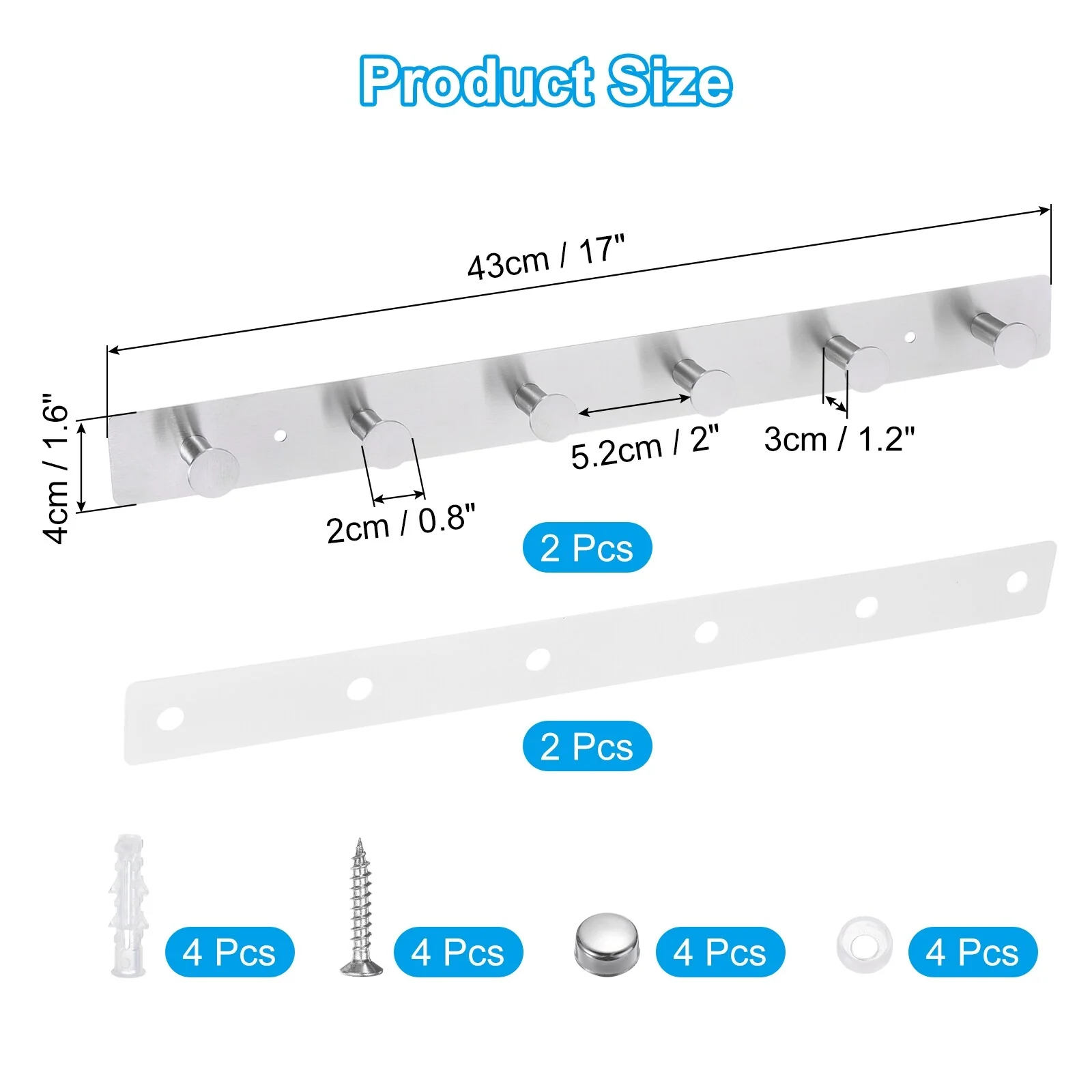 Coat Rack Wall Mount, 2Pcs 17 Metal Round Wall Hooks Rail with 6 Hooks, Silver - Silver Tone