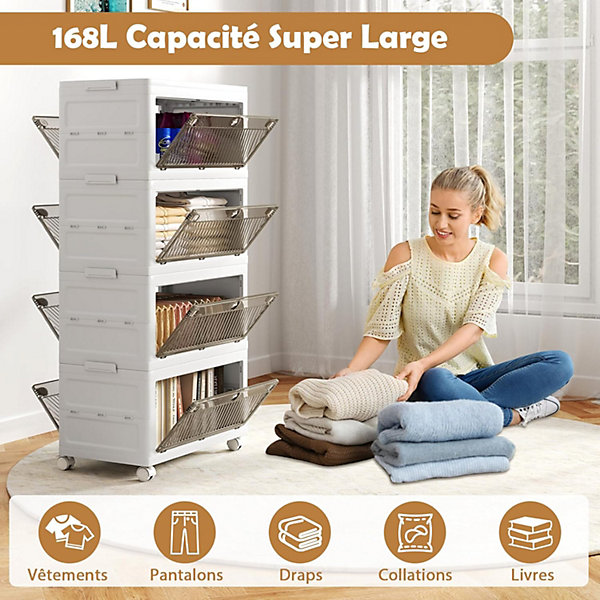 Boîte de Rangement Empliable Couvercle 126 L 168 L Tiroirs à 3 Modes Ouverture 4 Boîtes