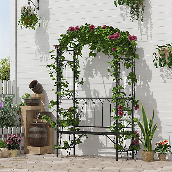 Arche à rosiers banc 2 personnes style romantique dim. 115 x 50 x 203 cm métal époxy noir