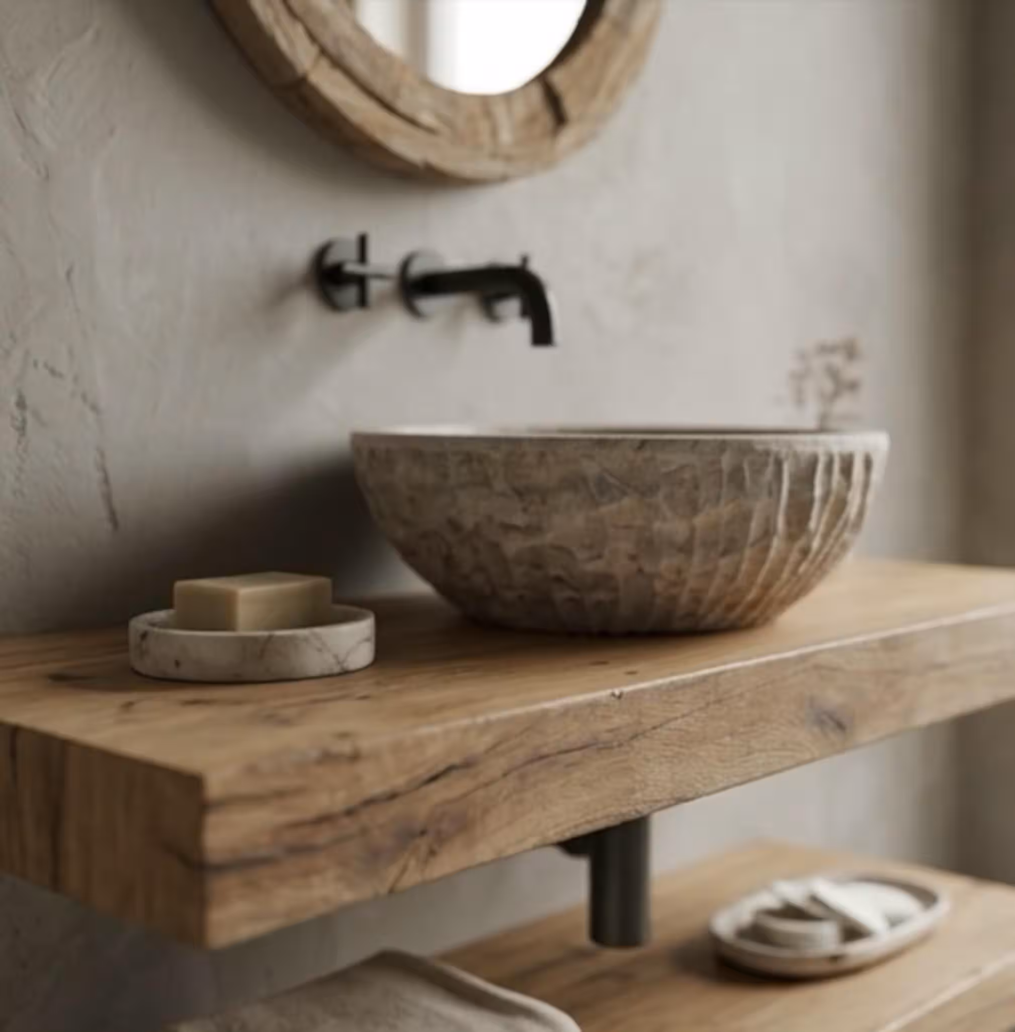 Two Tier Reclaimed Oak Floating Vanity – Chunky Wood Bathroom Vanity for Vessel Sink