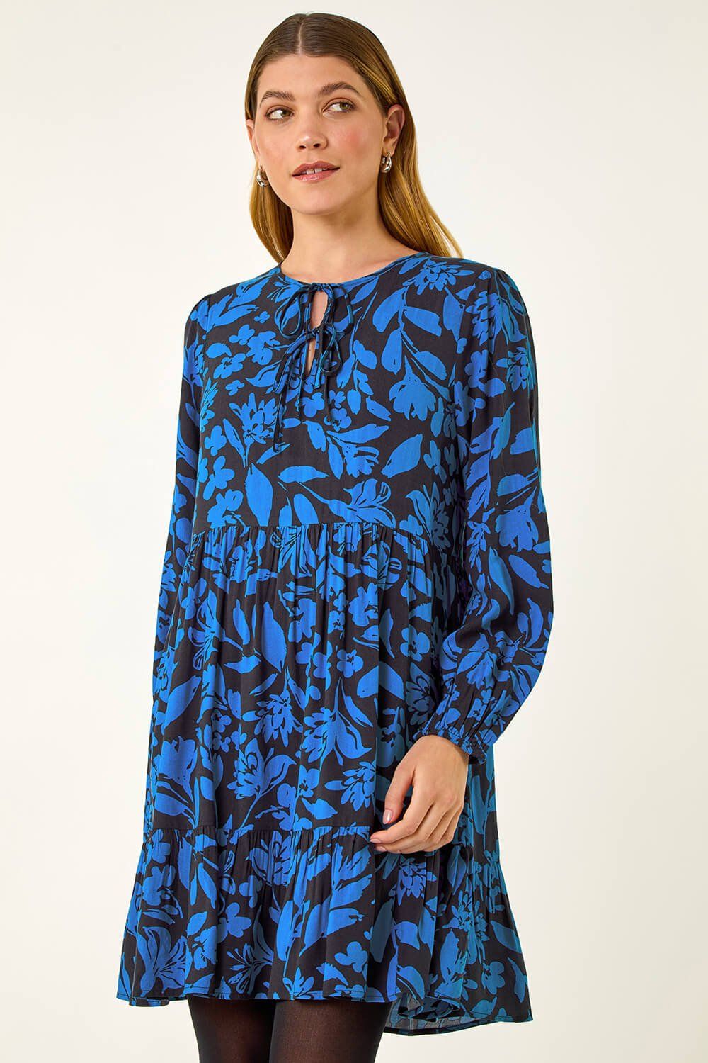 Roman Floral Print Tie Front Smock Dress