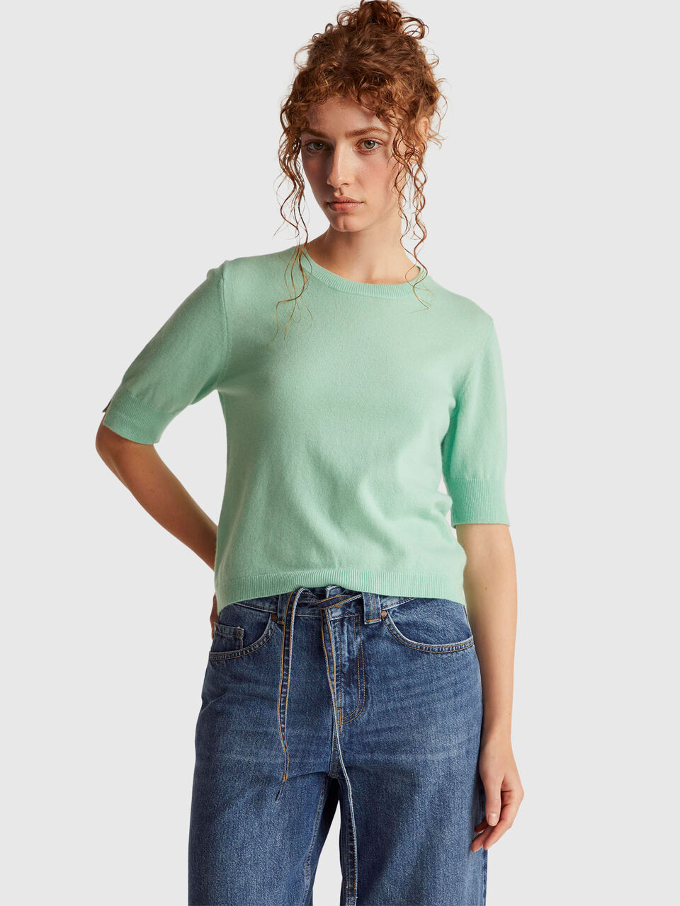 Light green short sleeve sweater in pure Merino wool