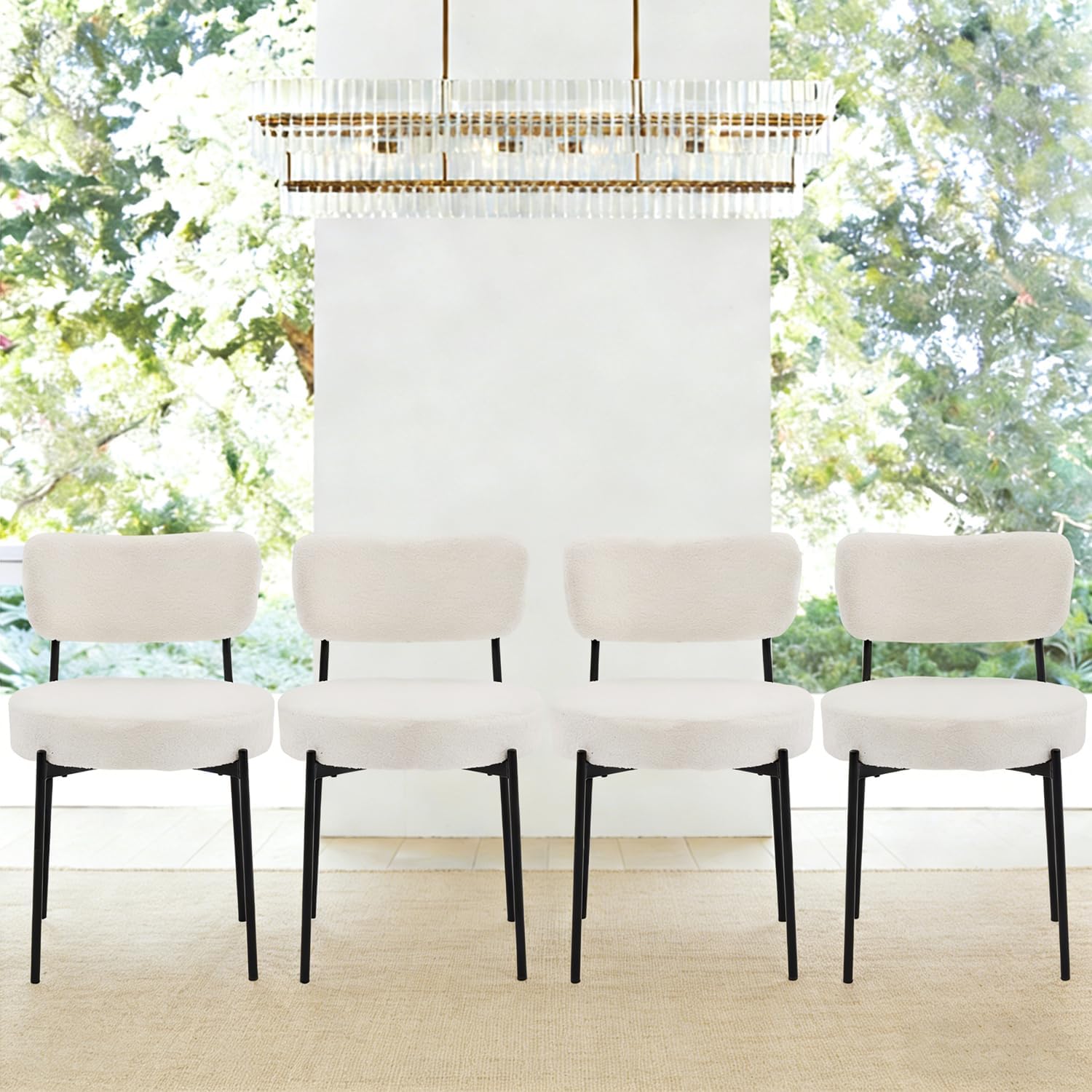 White Boucle Dining Chairs Set of 4, Mid Century Modern Dining Room Chair with Curved Backrest & Metal Legs, Round Upholstered Dining Chairs for Kitchen, Living Room