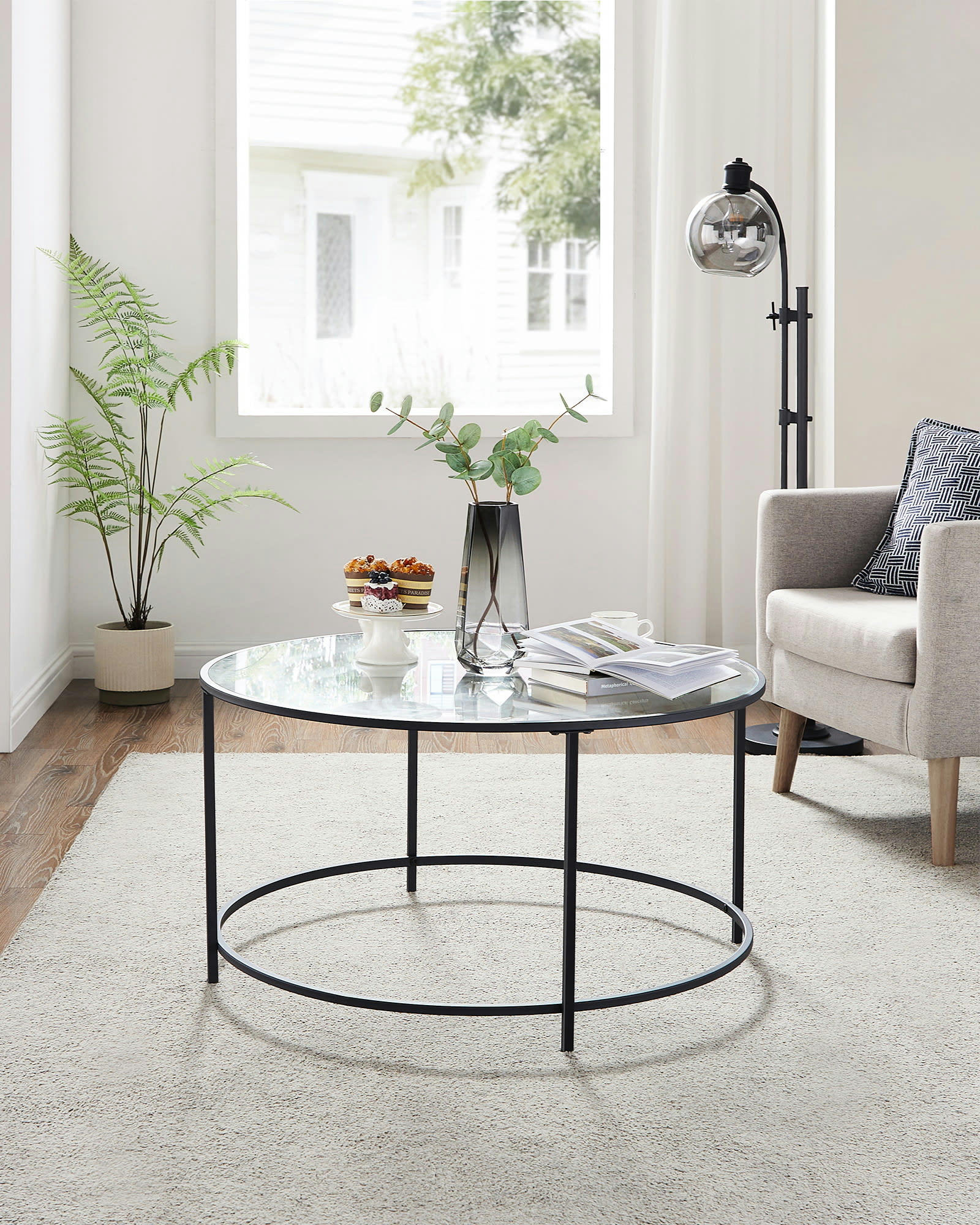 - Table basse salon meuble de salon cadre en acier en verre noir