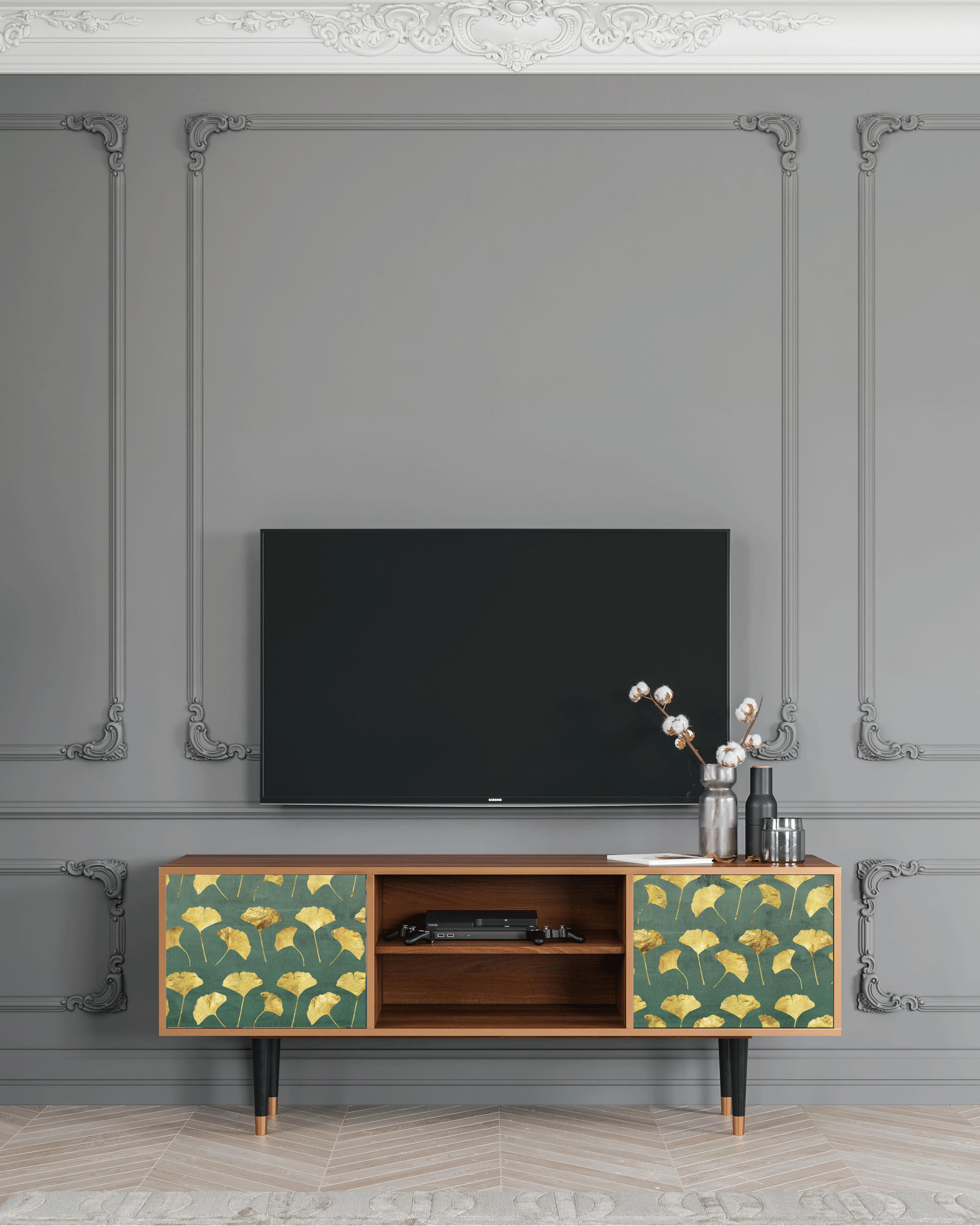 GINGKO LEAVES - Meuble TV  vert et jaune 2 portes L 170 cm