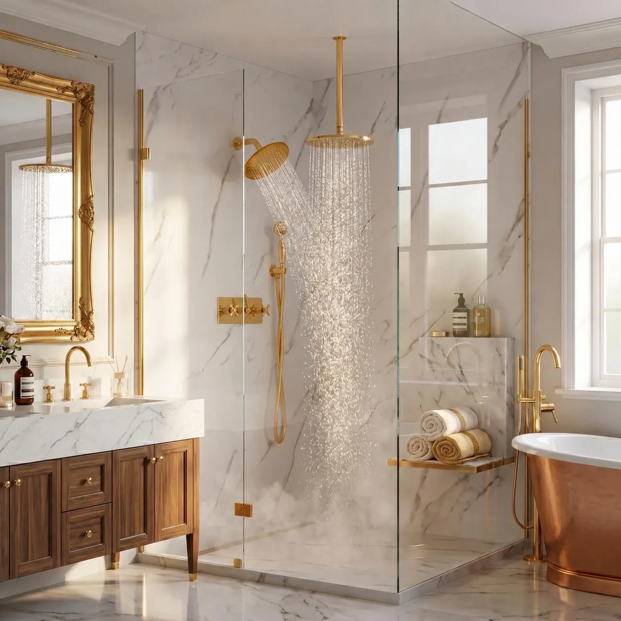 Unlacquered Brass Shower System – Dual Rain Shower with Ceiling Head & Handheld Set