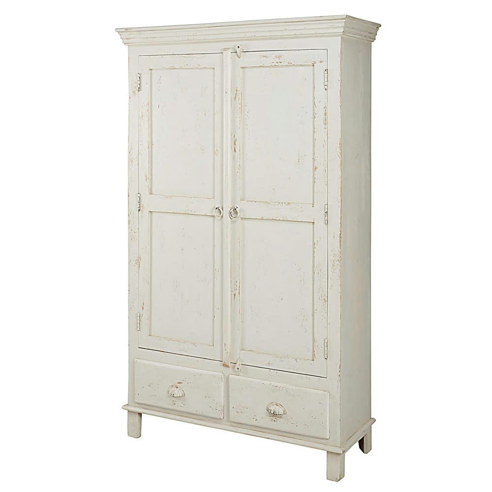 Avignon - Armoire 2 portes 2 tiroirs en manguier blanc patiné
