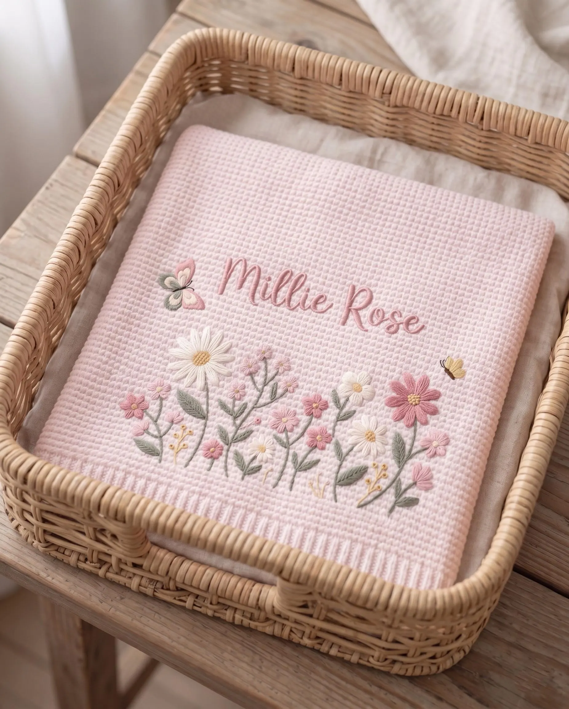 Personalized Floral Embroidered Baby Blanket - Custom Name Knitted Throw, Welcome Baby Blanket, Nursery Keepsake, Keepsake Newborn