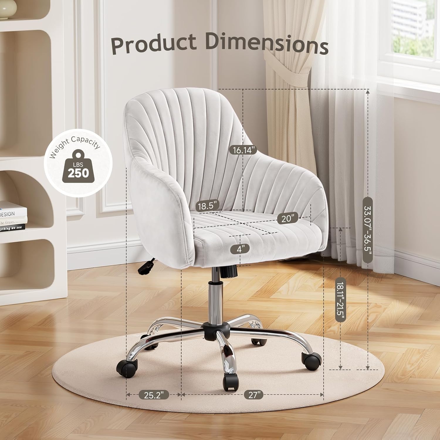 Warmiehomy Office Chair, Velvet Desk Chair for Home Office, Cozy Vanity Chair, Girl Cute Makeup Chair with Arm Rest for Bedroom Dressing Room (Cloud White)