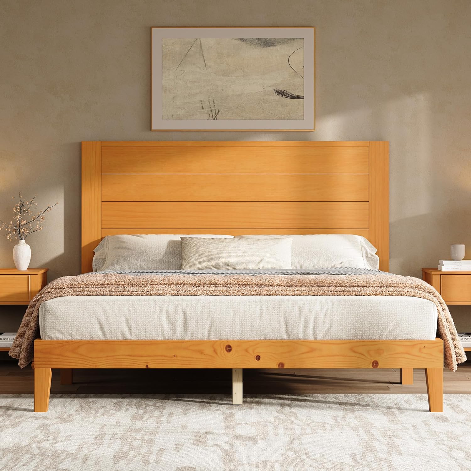 AMERLIFE Full Sizes Solid Wood Bed Frame with 48 Headboard, Mid Century Modern Platform Bed with Silent Wood Slat System, No Box Spring Needed, Under-Bed Storage, Natural