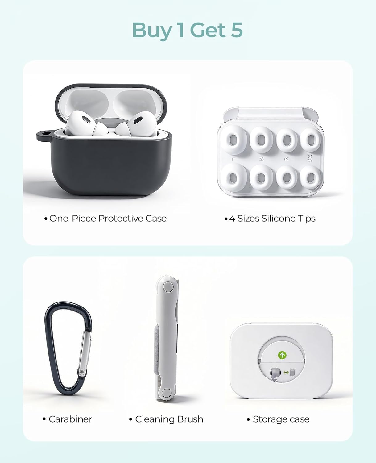 MOVDUUD 5-in-1 AirPods Pro 2 Case Bundle: Wireless Charging Compatible Silicone Cover with 4 Pairs Ear Tips (XS/S/M/L), 3-in-1 Cleaning Pen & Keychain for AirPods Pro 2nd/1st Gen